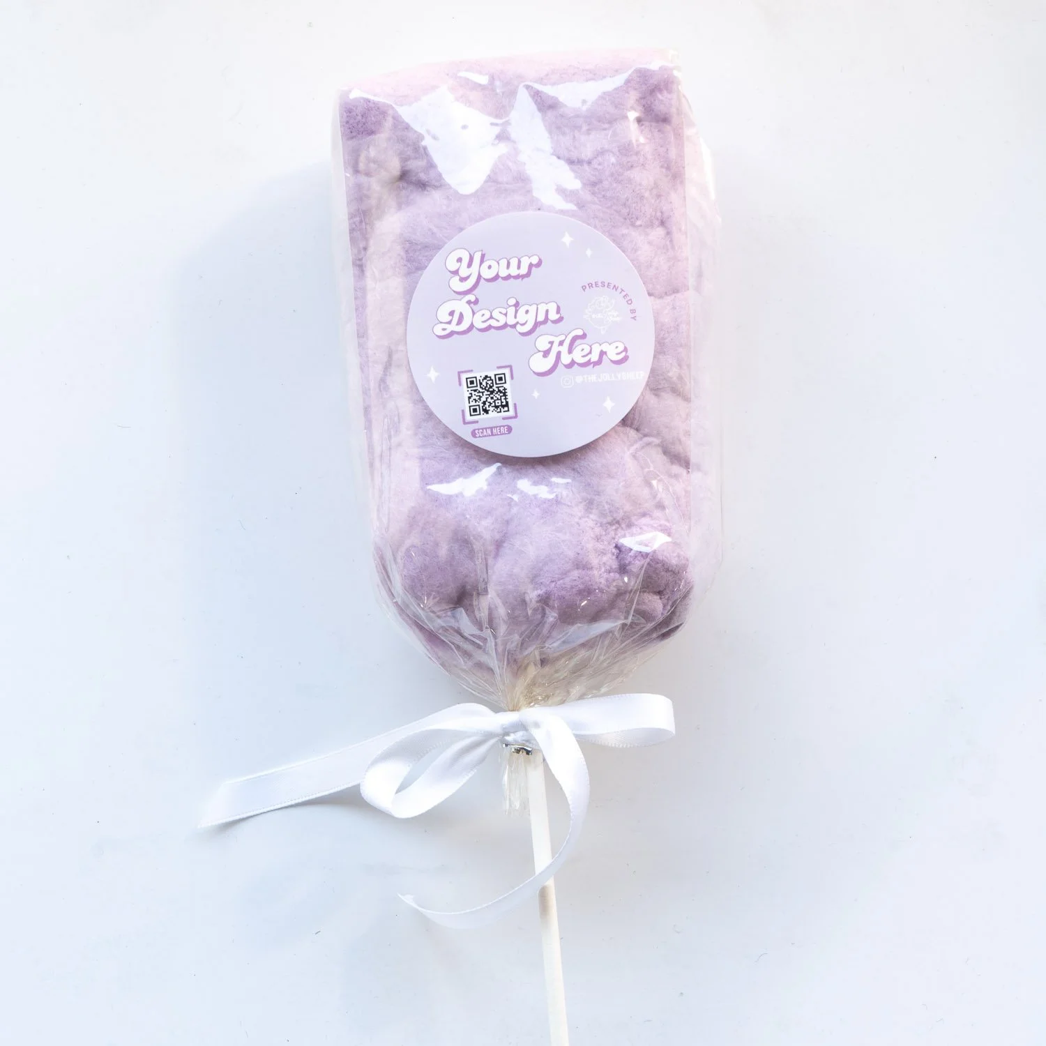 mini cotton candy on a stick with custom label