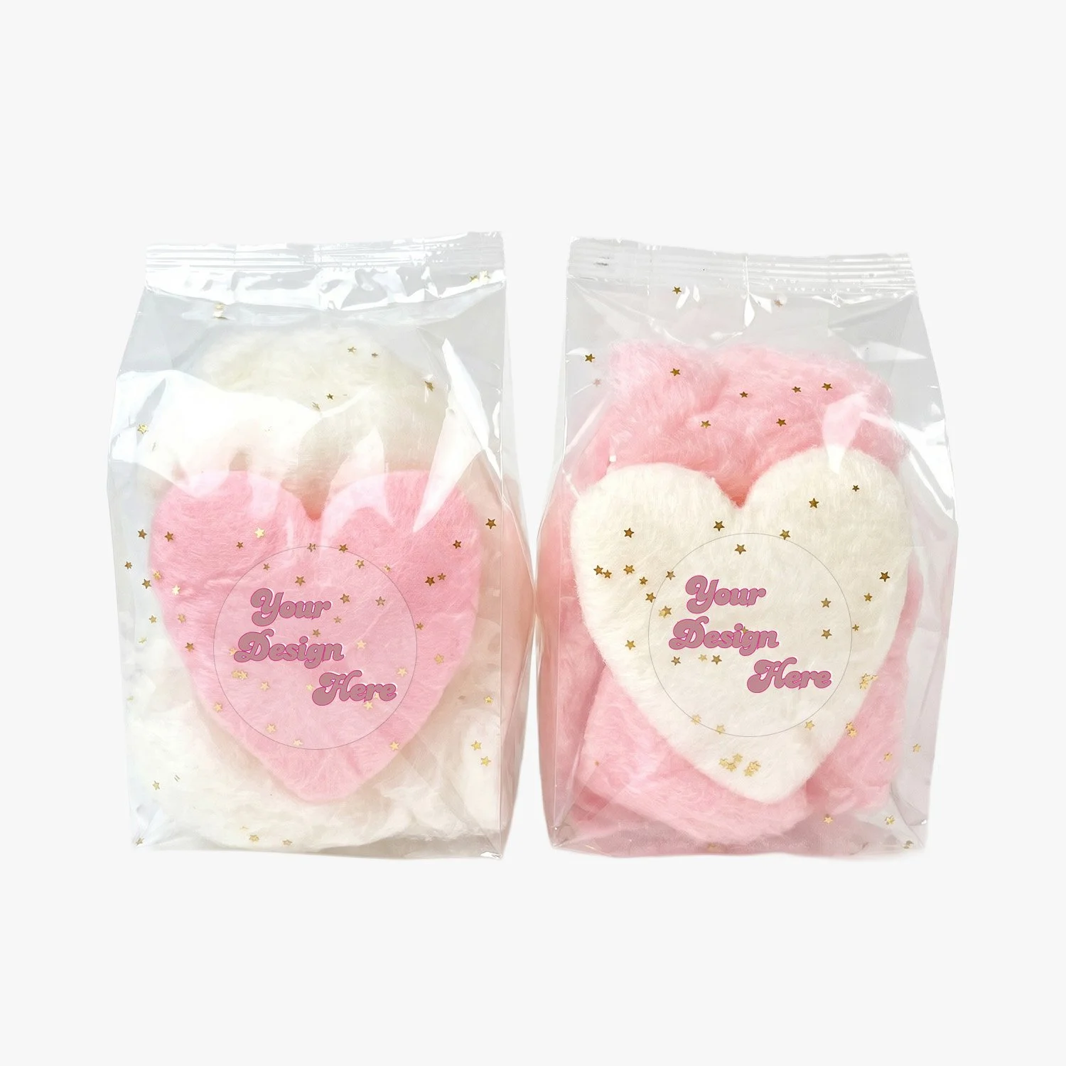 heart shaped cotton candy favors in pink and white with edible gold glitter and custom label