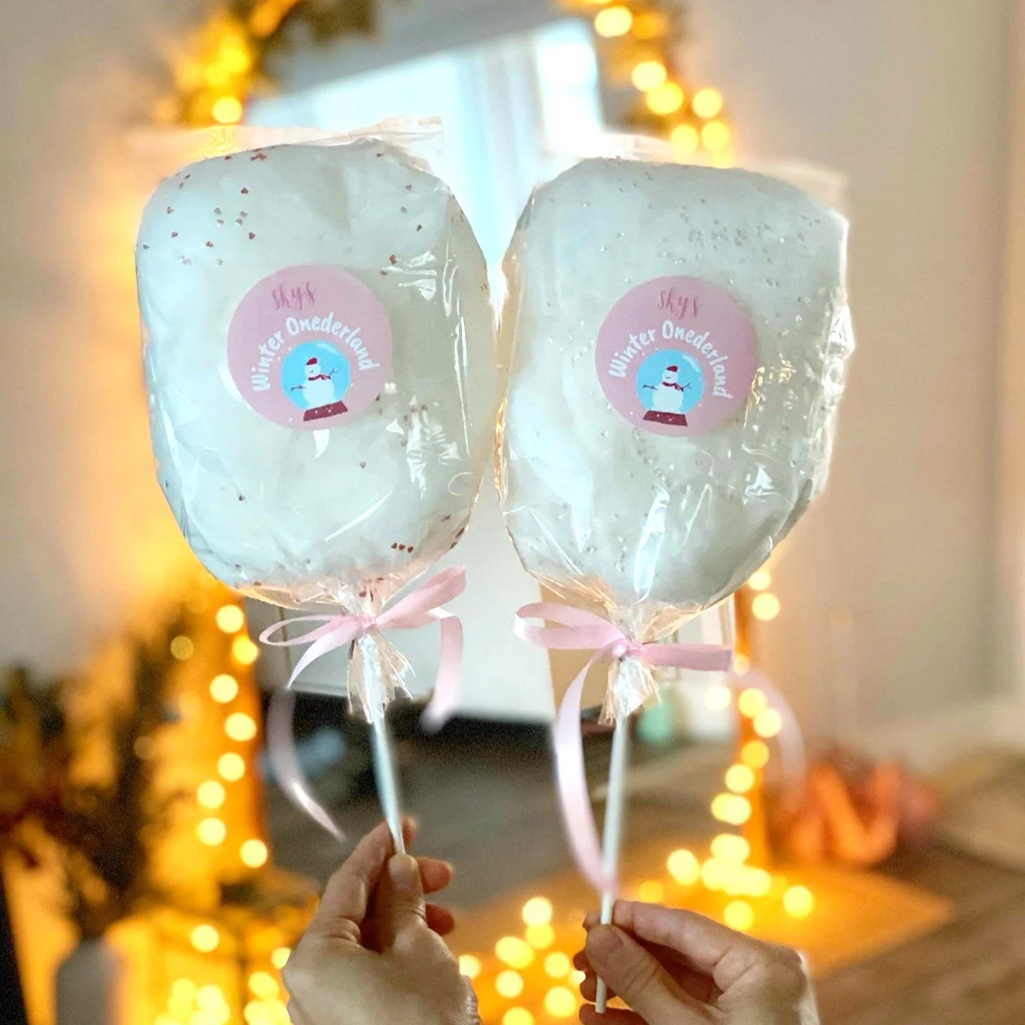 white package cotton candy on a stick with a holiday birthday party custom label