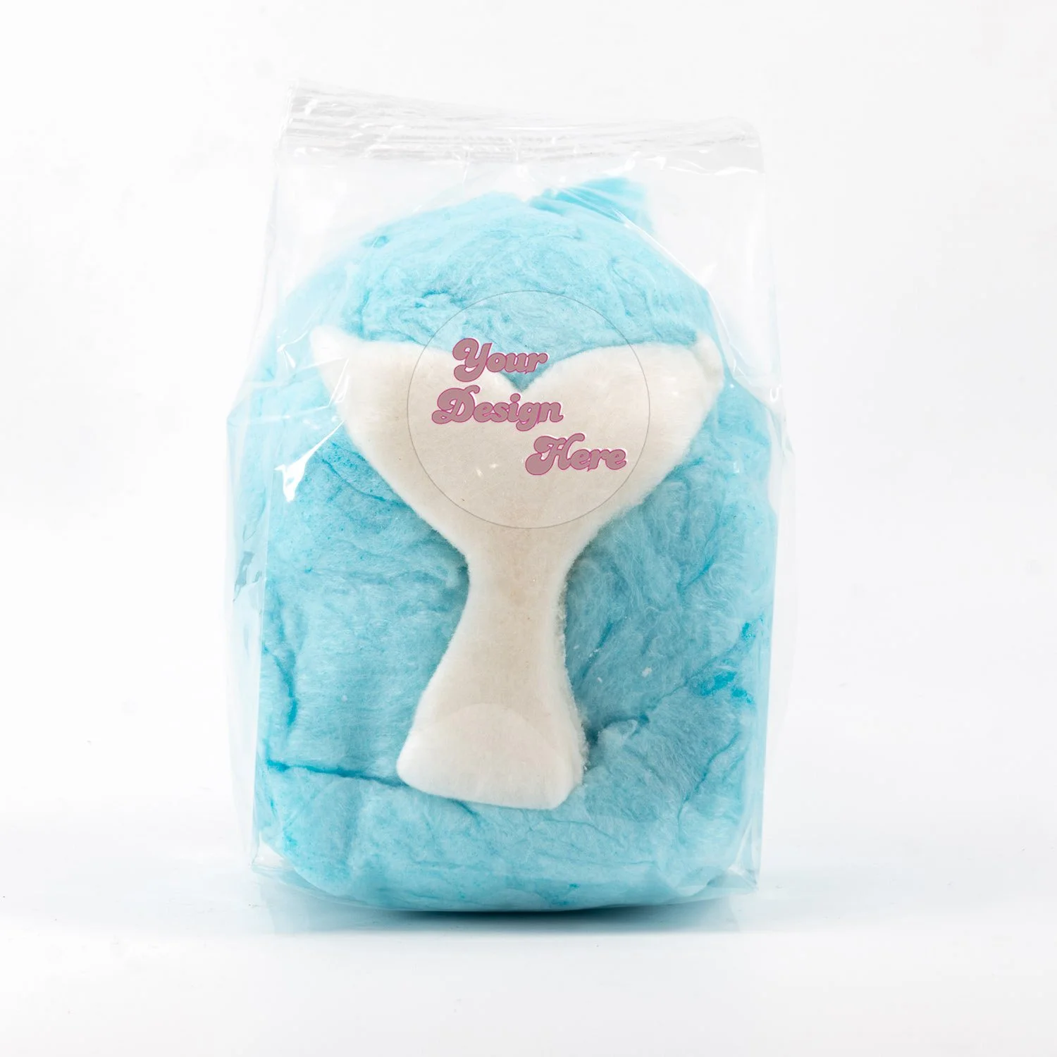 a blue cotton candy favor bag with an edible mermaid tail and a custom label