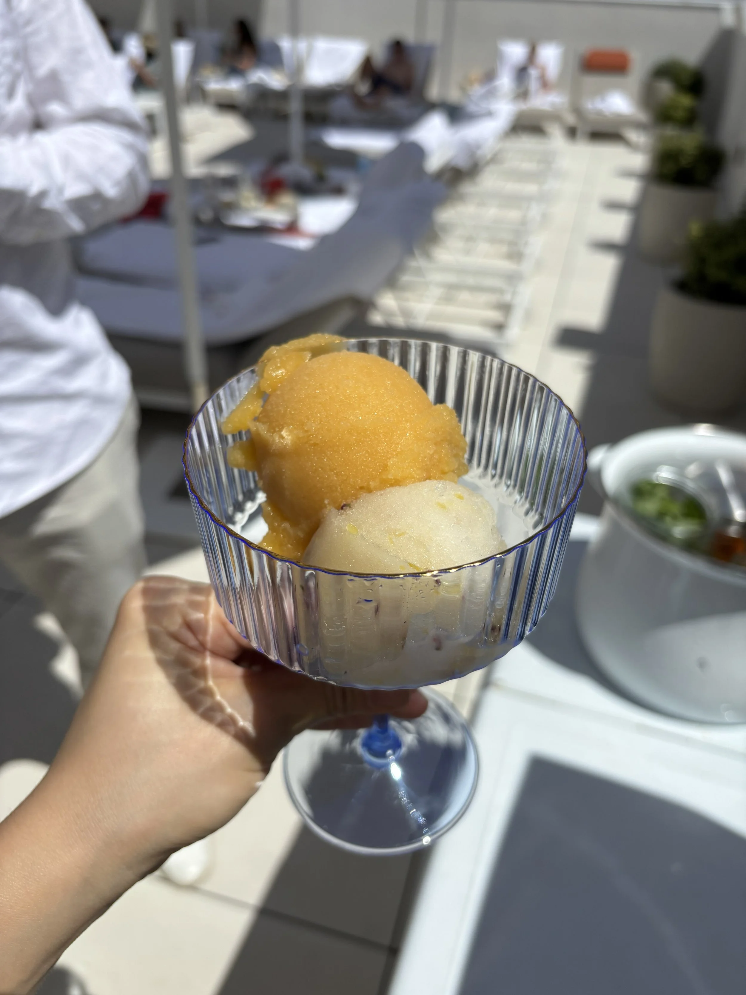Lemon and orange sorbet in a fancy glass