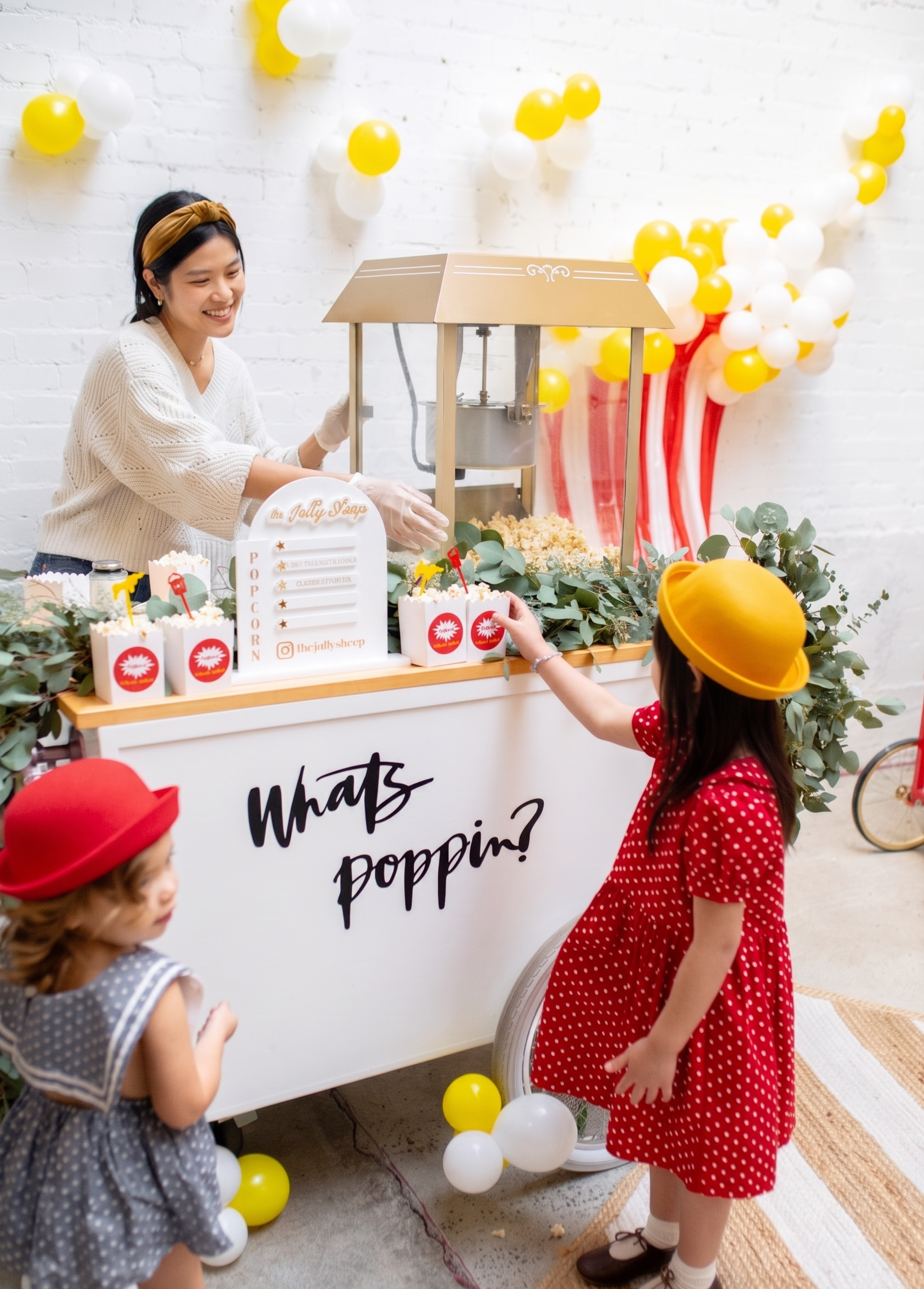 a popcorn cart attendant handing a little girl a box of popcorn