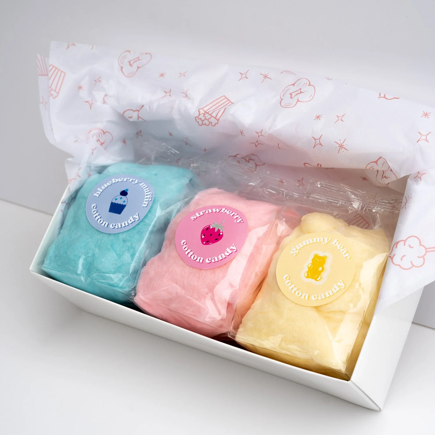 a cotton candy gift box with fruity flavors
