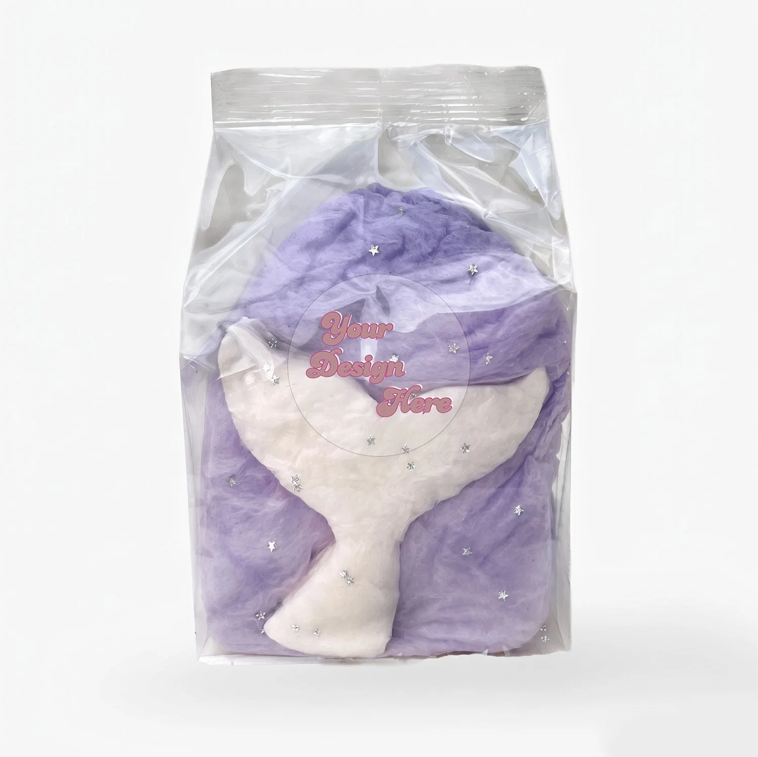 a blue cotton candy favor bag with an edible mermaid tail edible glitter and custom label