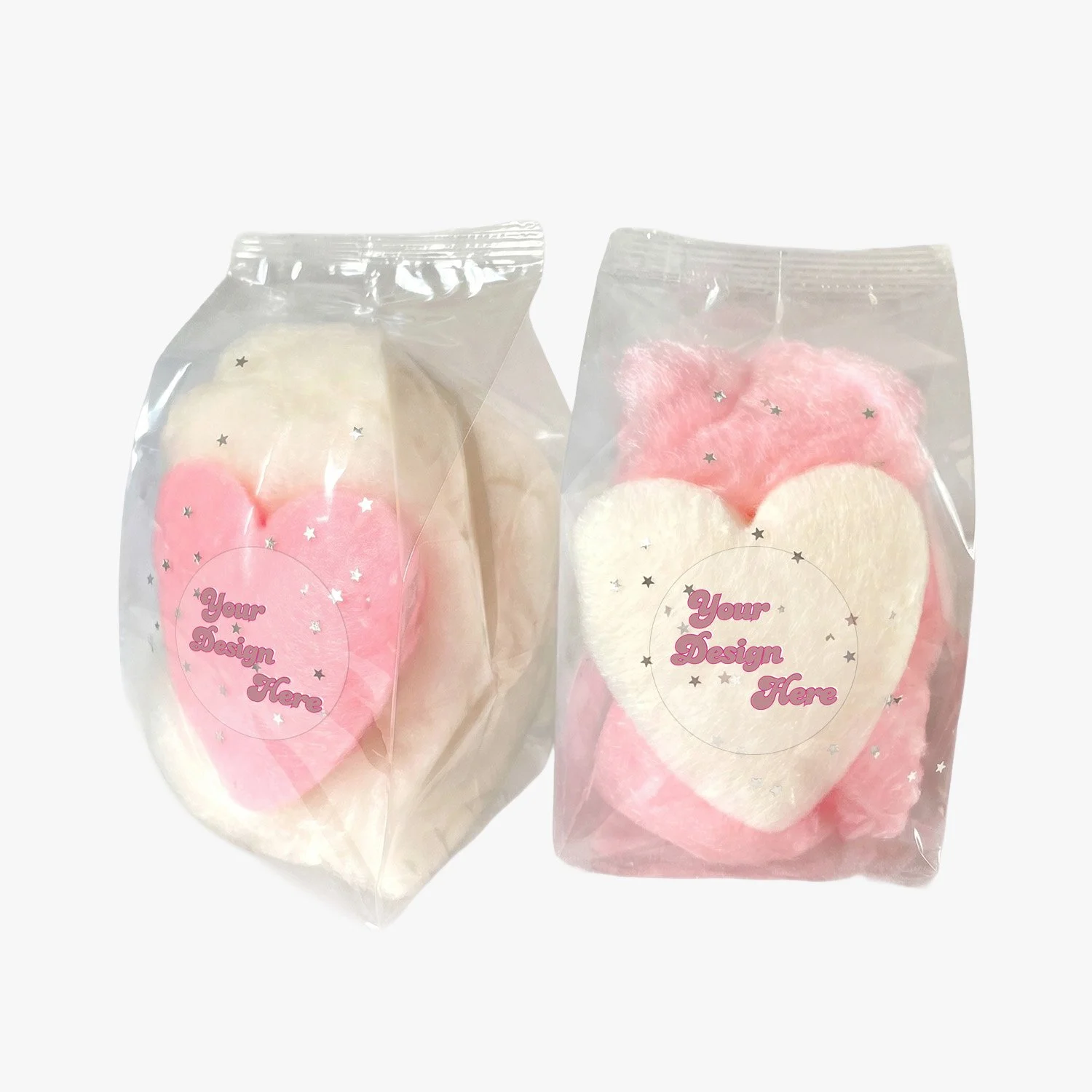 heart shaped cotton candy favors in pink and white with edible silver glitter and custom label