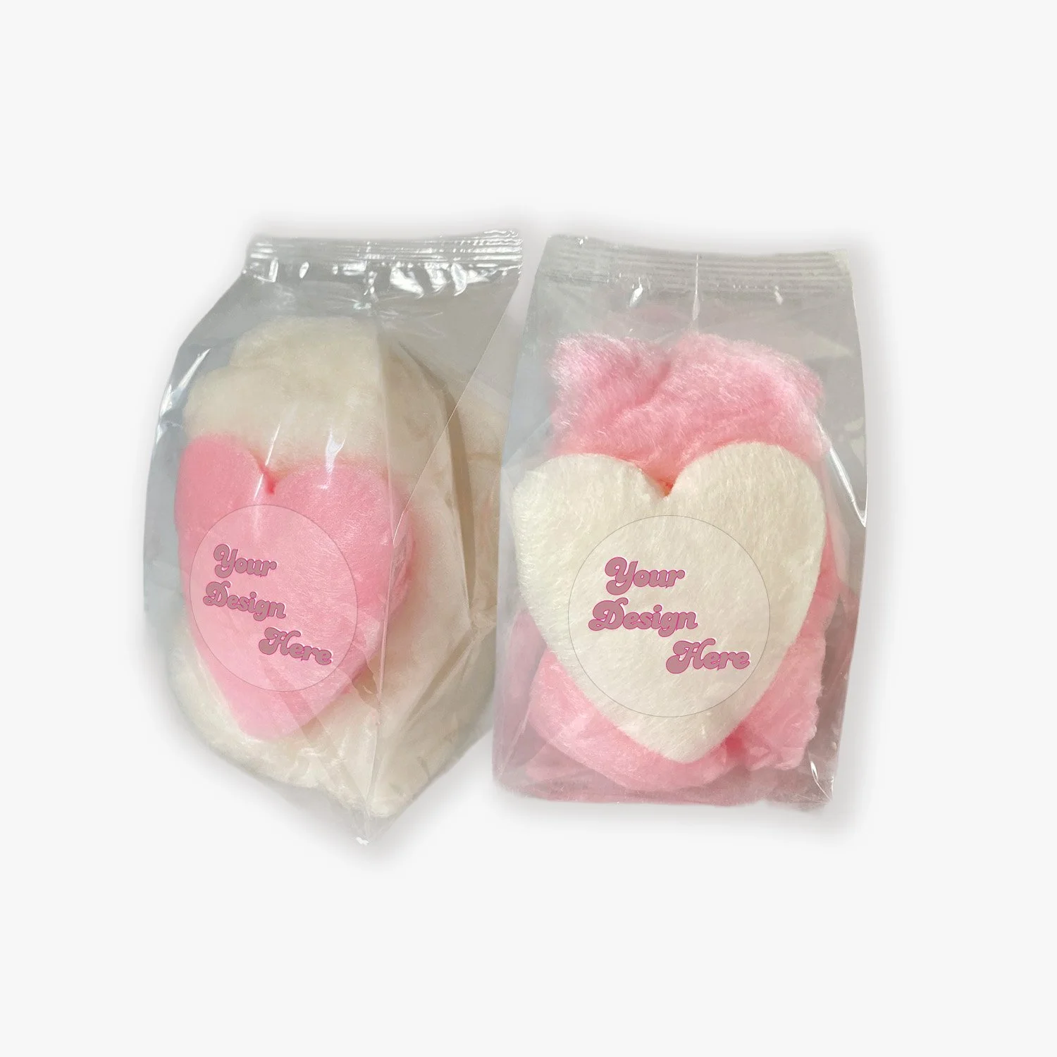 Heart shaped cotton candy favors with a custom label