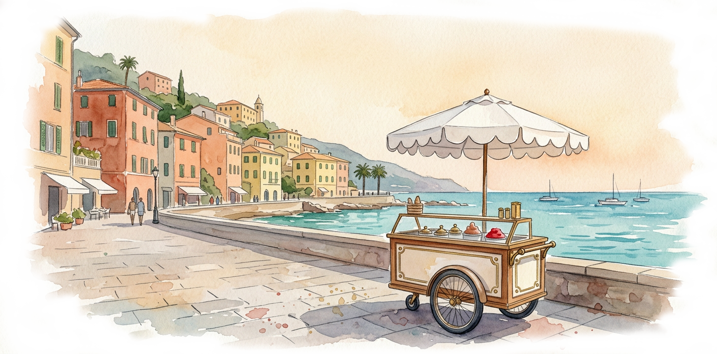 A watercolor image of a gelato cart on a seaside boardwalk