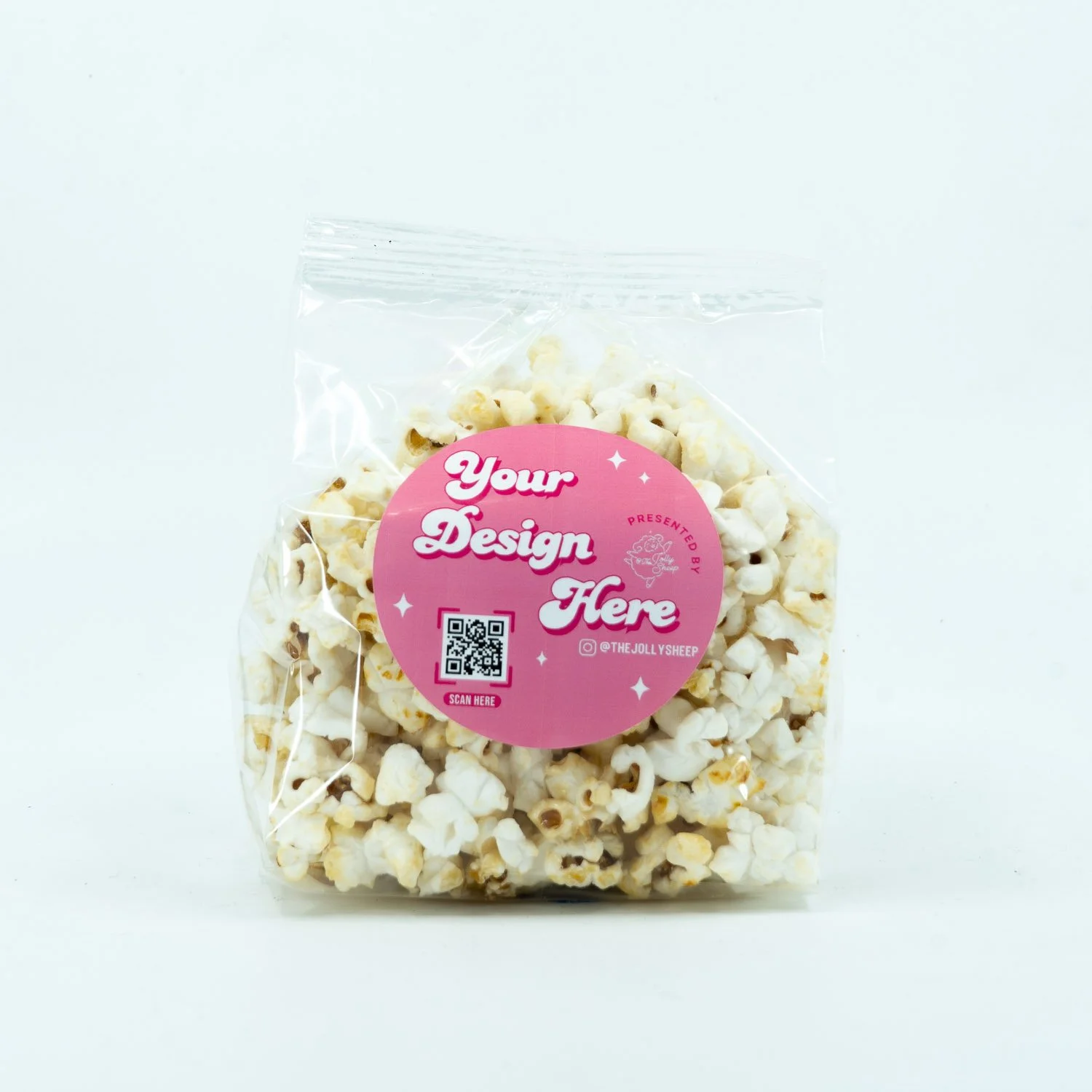 A packaged bag of kettlecorn with The Jolly Sheep label