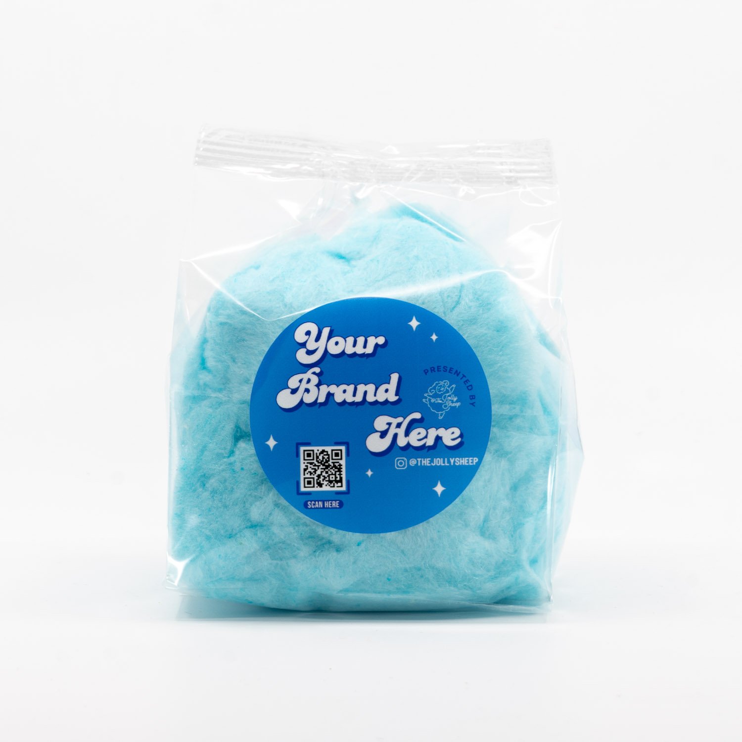 A packaged blue cotton candy in clear bag with The Jolly Sheep label