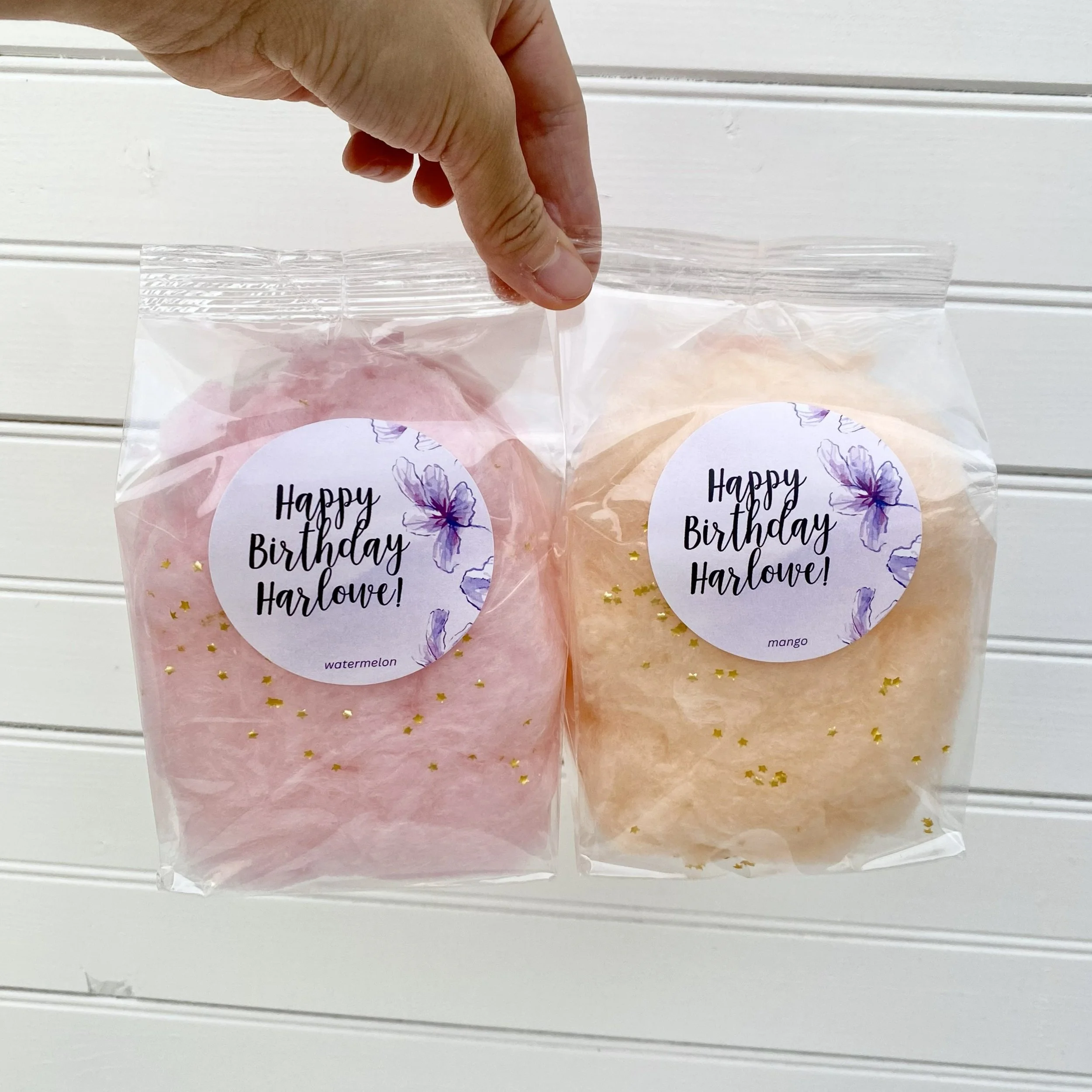custom cotton candy favor bags with custom birthday label and edible glitter