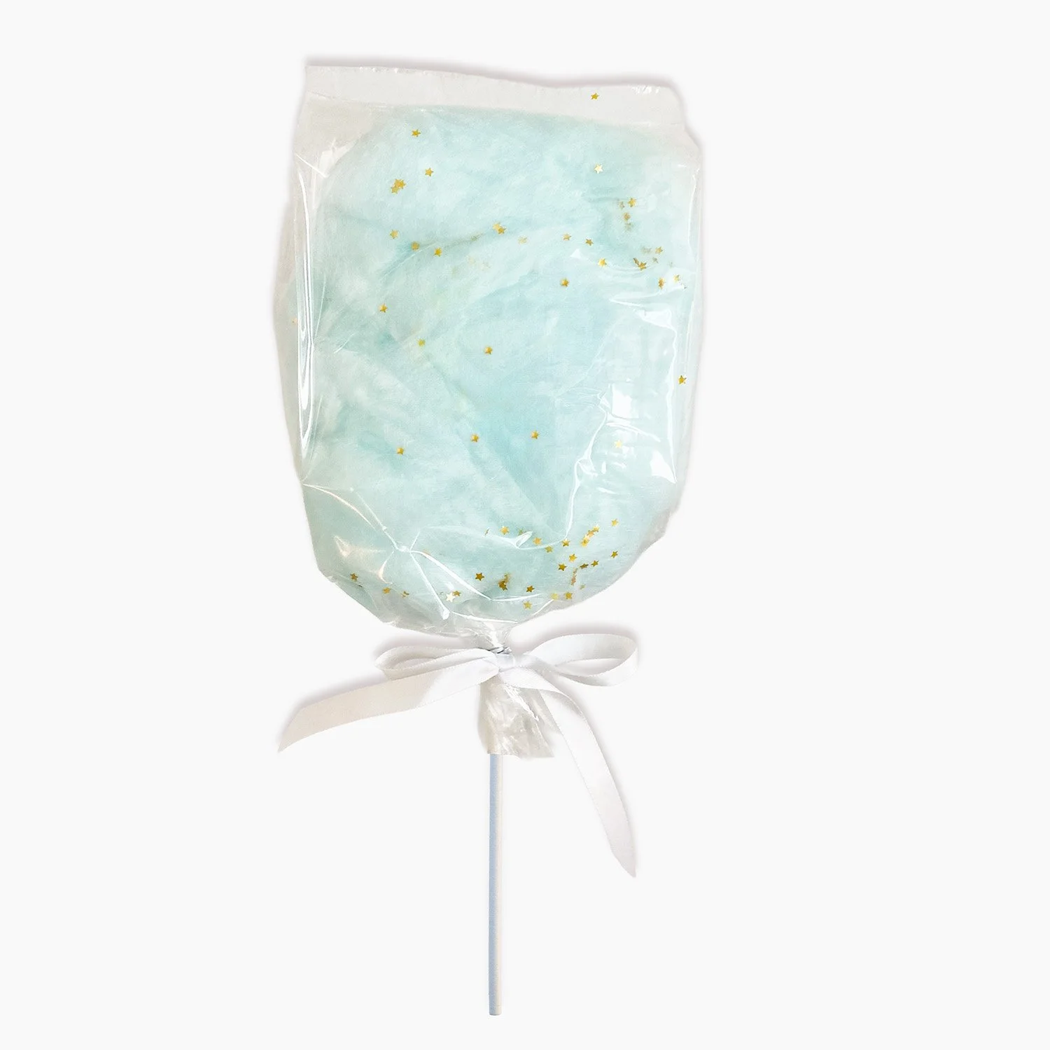 white package cotton candy on a stick with a white ribbon