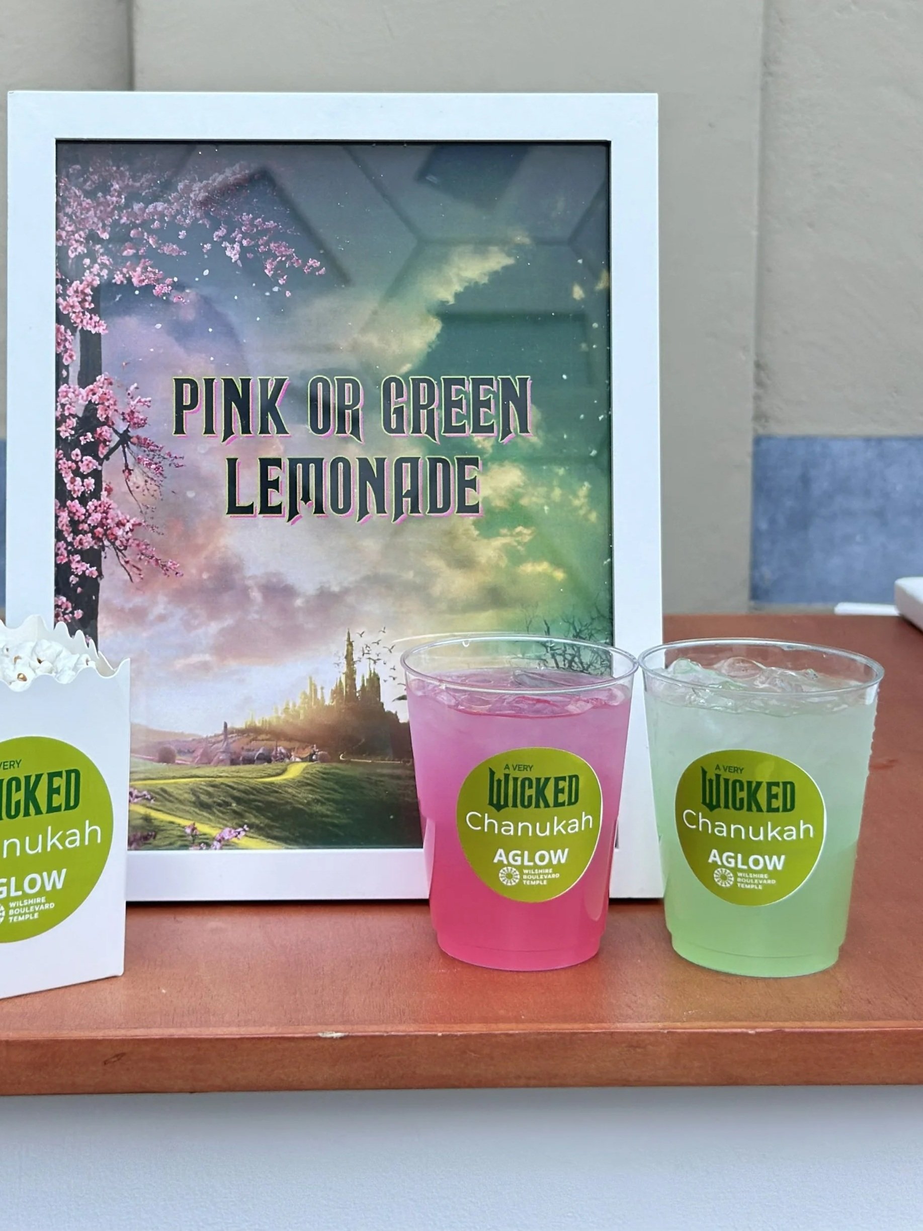 pink and green custom lemonade for a private Wicked-themed Chanukah event