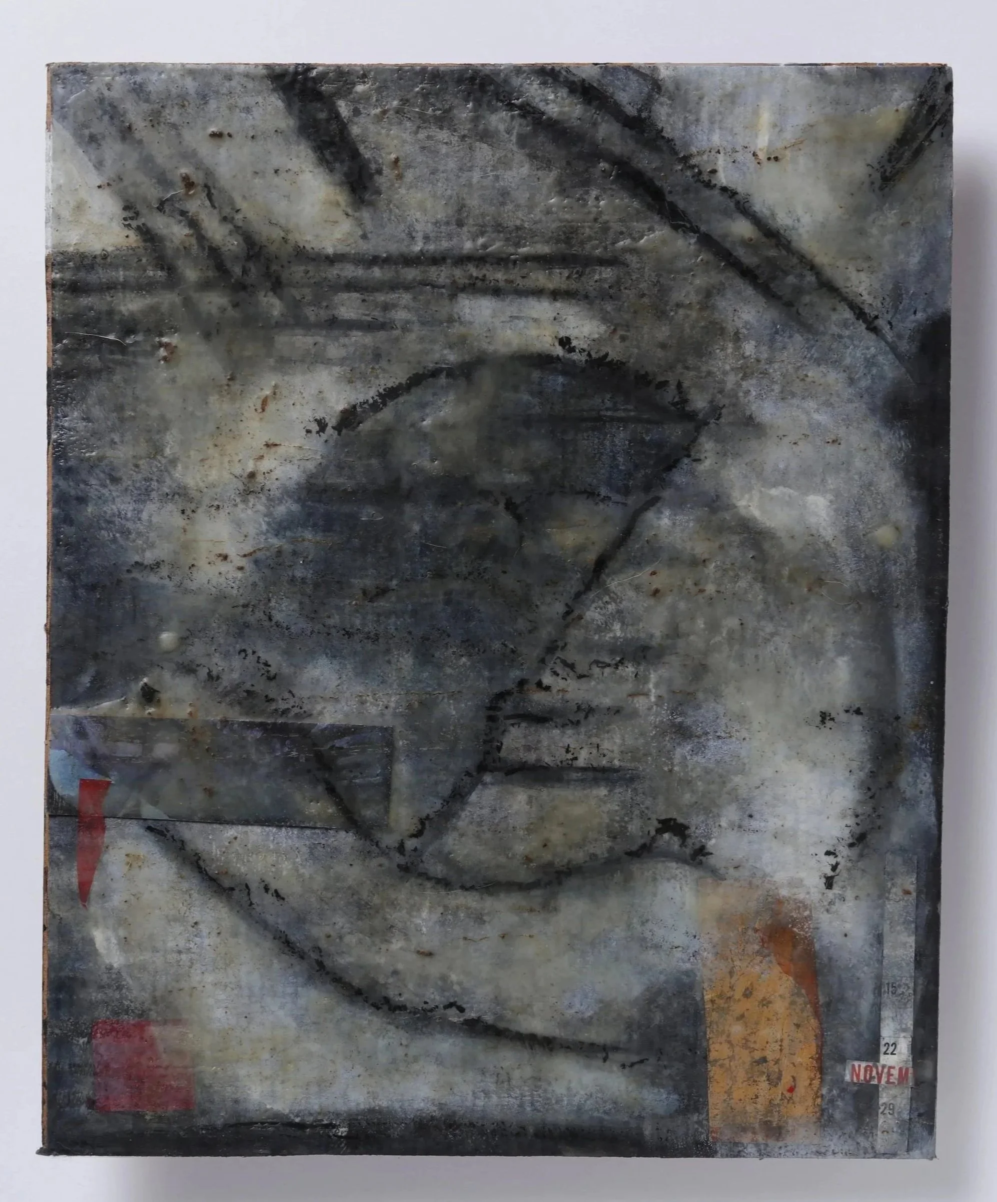 ink, gouache, paper, wax on cardboard 10" x 15"