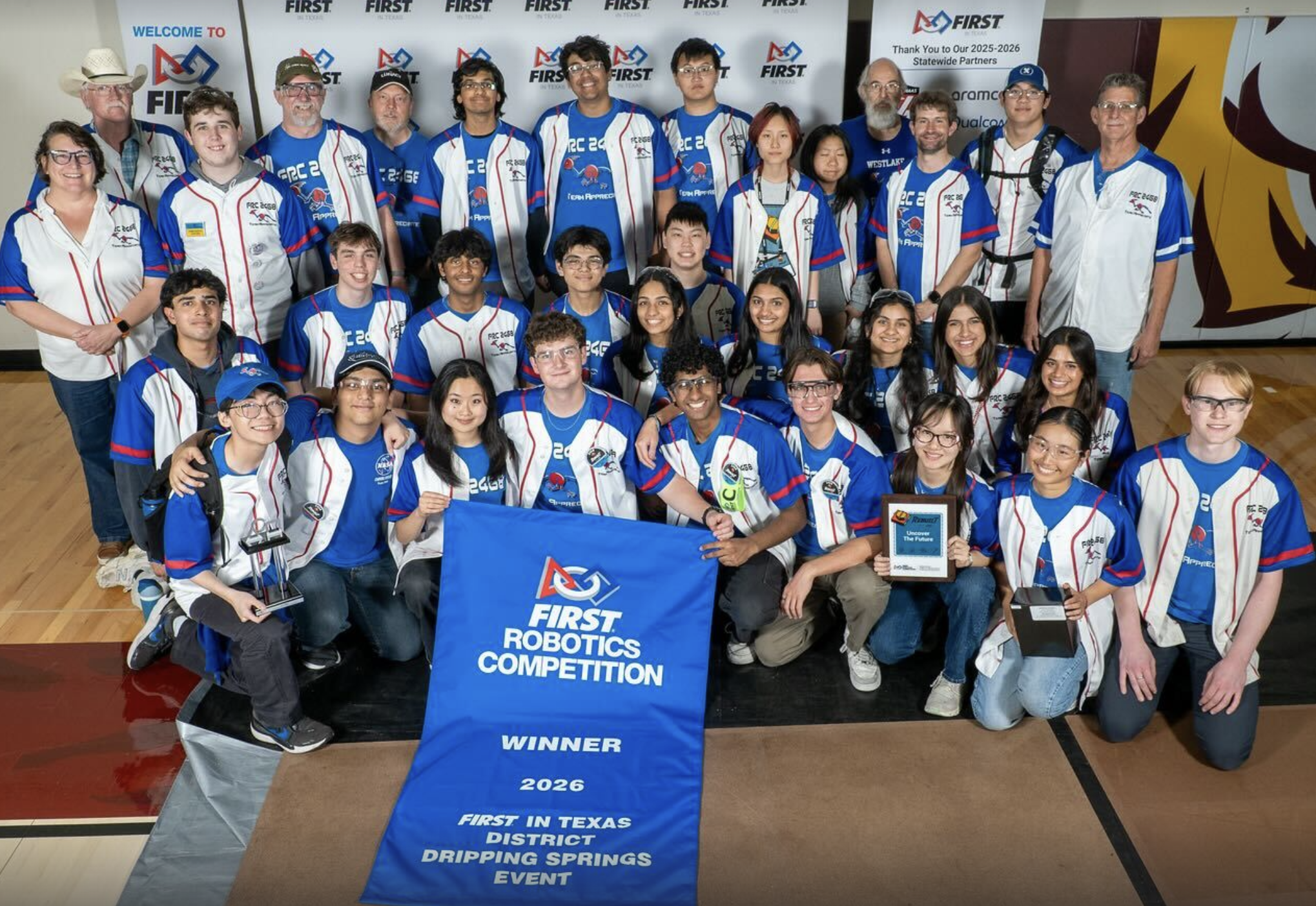 FRC 2468 won the Dripping Springs tournament, serving as captain for the 1st alliance along with FRC 3046 and FRC 5503! FRC 2468 also won the Impact award. One of our members, Kaira, also received semi-finalist for the FIRST leadership award.