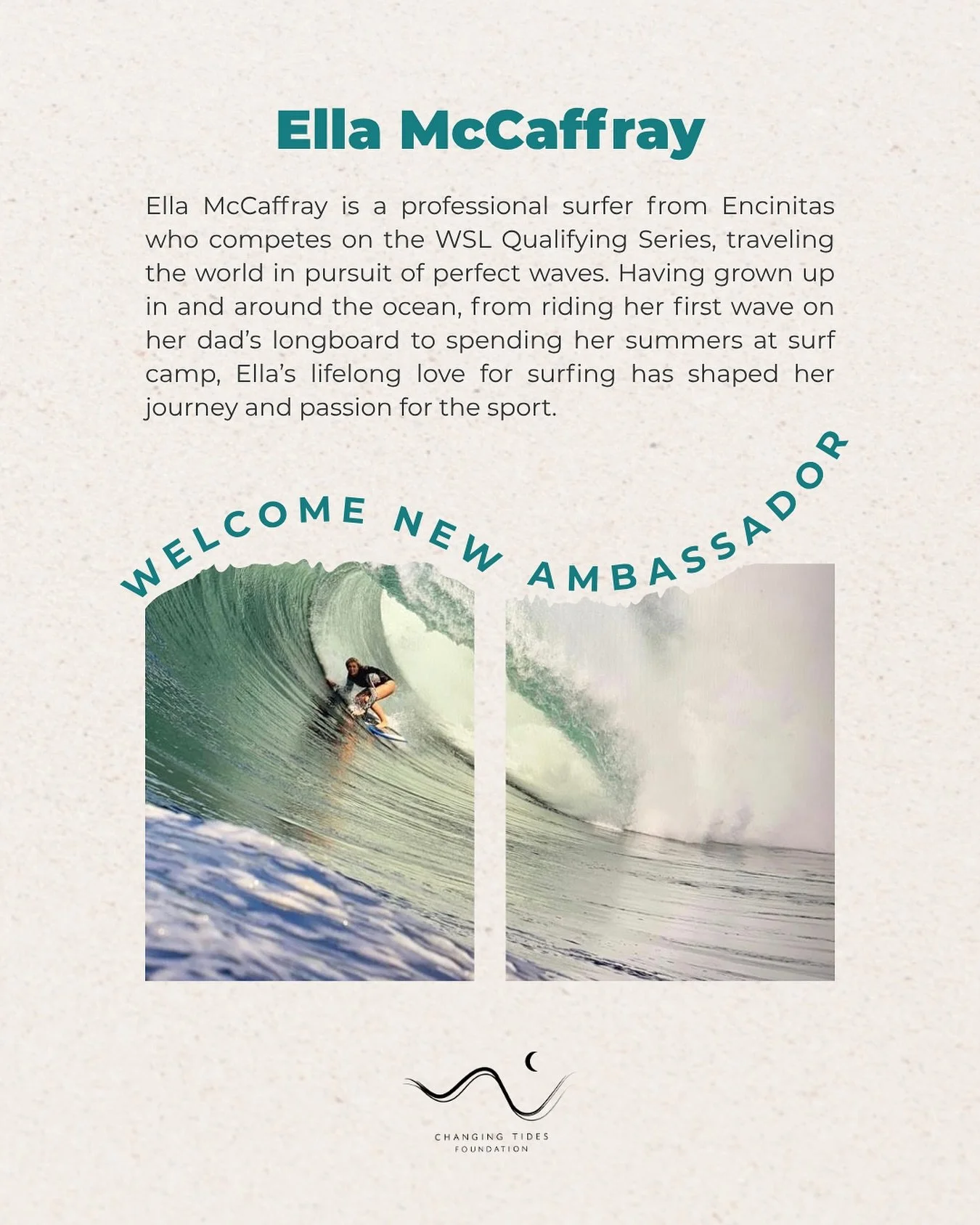 Next up in our 2025 Ambassador lineup &mdash; meet @ellamccaffray , professional surfer from Encinitas who&rsquo;s been chasing waves and ocean dreams since her grom days. Competing on the WSL Qualifying Series, Ella embodies the spirit of connection