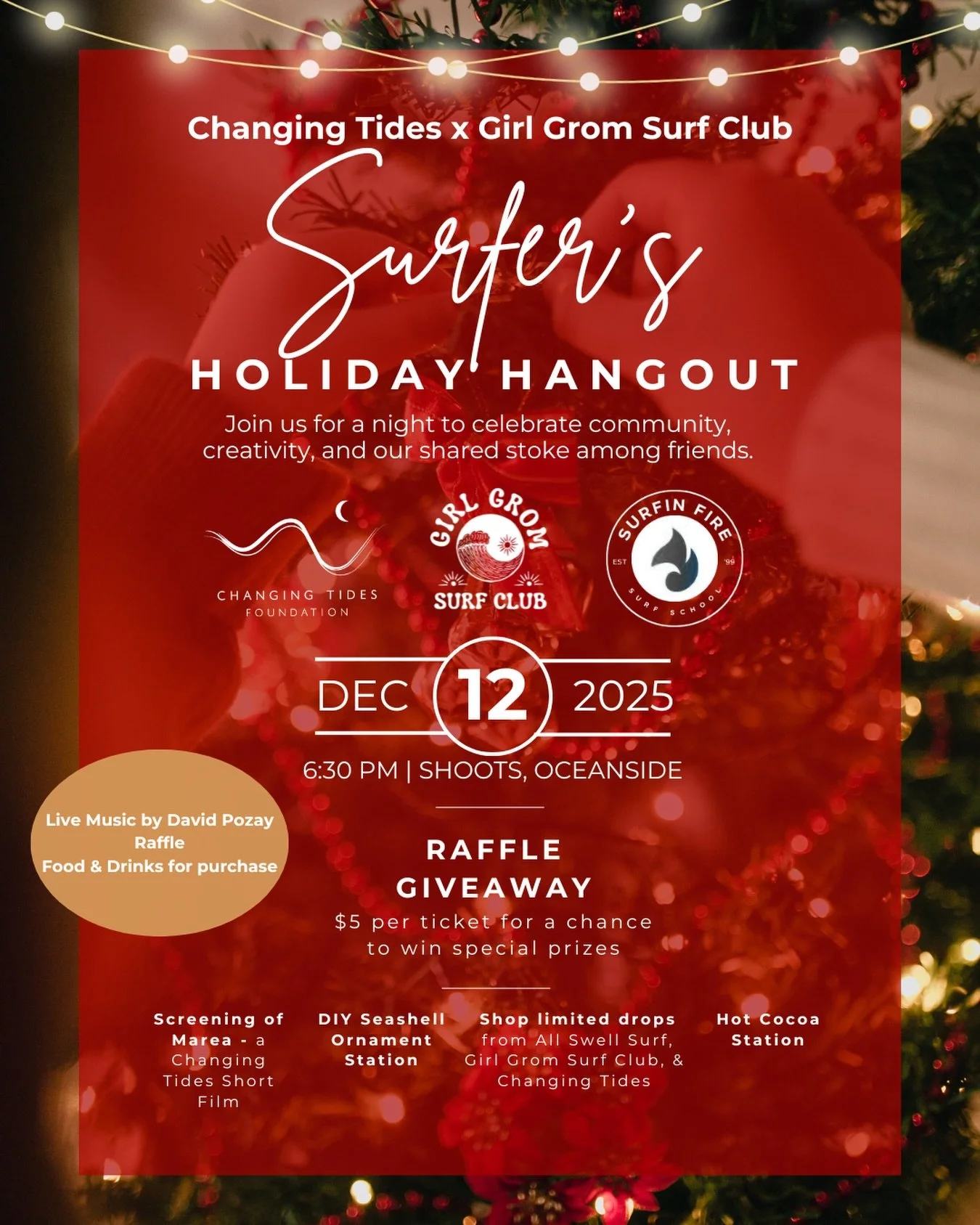 Join us &mdash; alongside our friends at @girlgromsurfclub and @surfinfire_oside &mdash; for our Surfer&rsquo;s Holiday Hangout on Dec 12 at @shootsog in Oceanside. 

6:30 PM &middot; Free to join &middot; All are welcome.

Expect:
&bull; Live music 