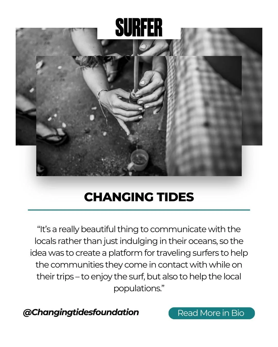 Throwback to where it all began.

In 2016, @@surfer_magazine  highlighted Changing Tides for reimagining what it means to travel and surf with purpose. What started as service through surf has grown into a long-term commitment to empowering women and