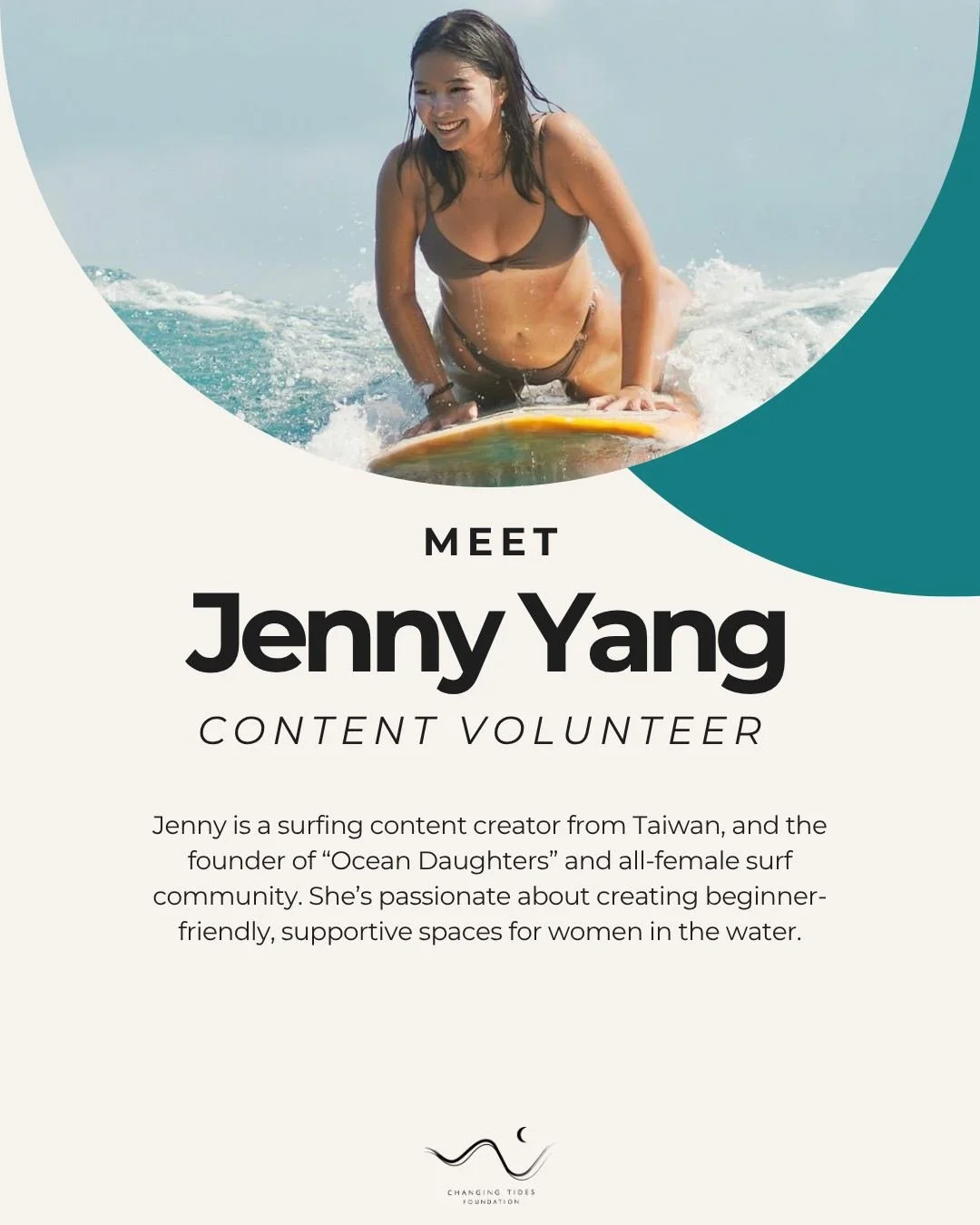 Meet Jenny 🌊 We're excited to welcome Jenny Yang to the team this summer as a volunteer at Changing Tides Foundation.

Jenny is a surfing content creator from Taiwan and the founder of Ocean Daughters, an all-female surf community dedicated to creat