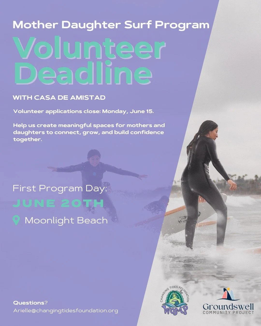 REMINDER: volunteer applications for our first-ever Mother Daughter Surf Program, co-led with @groundswellcommunityproject and @casadeamistad , close Monday, June 15.

We&rsquo;re incredibly excited to launch this new program beginning June 20 at Moo