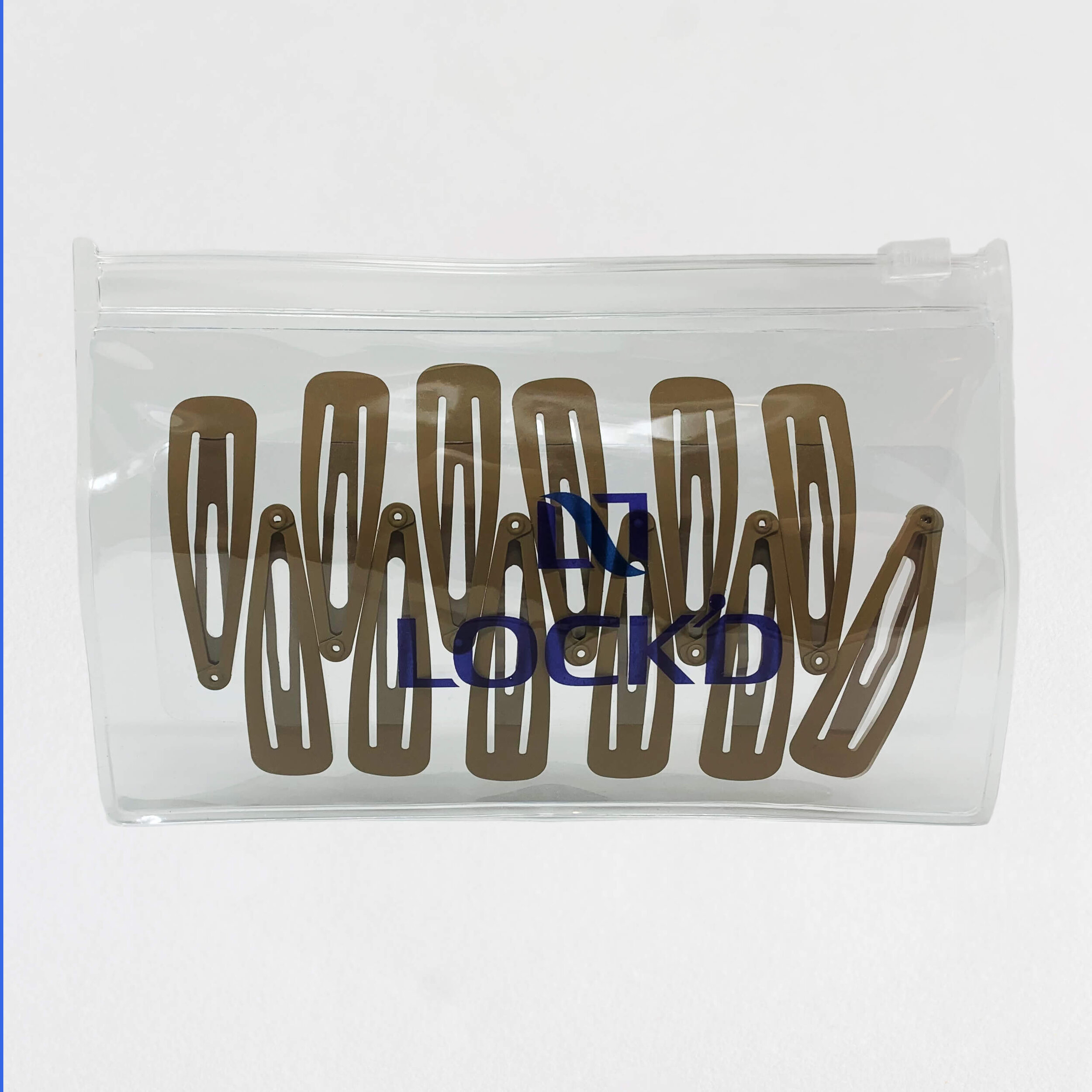 A picture of 12 Light Brown Pop Clips in the clear reusable zip-package.