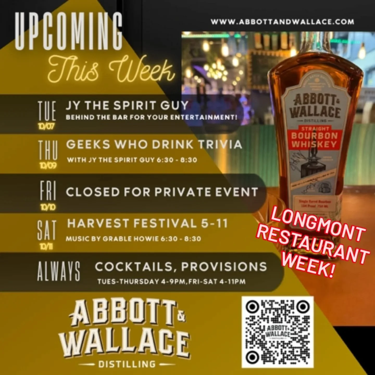 An exciting week of activities at the distillery: Trivia, a Wedding Reception, Harvest Fest and Restaurant Week! Don't plan on Friday, but we have something special for you every other day!

$25 for Two Signature Cocktails and Bar Mix or Dessert 
$35