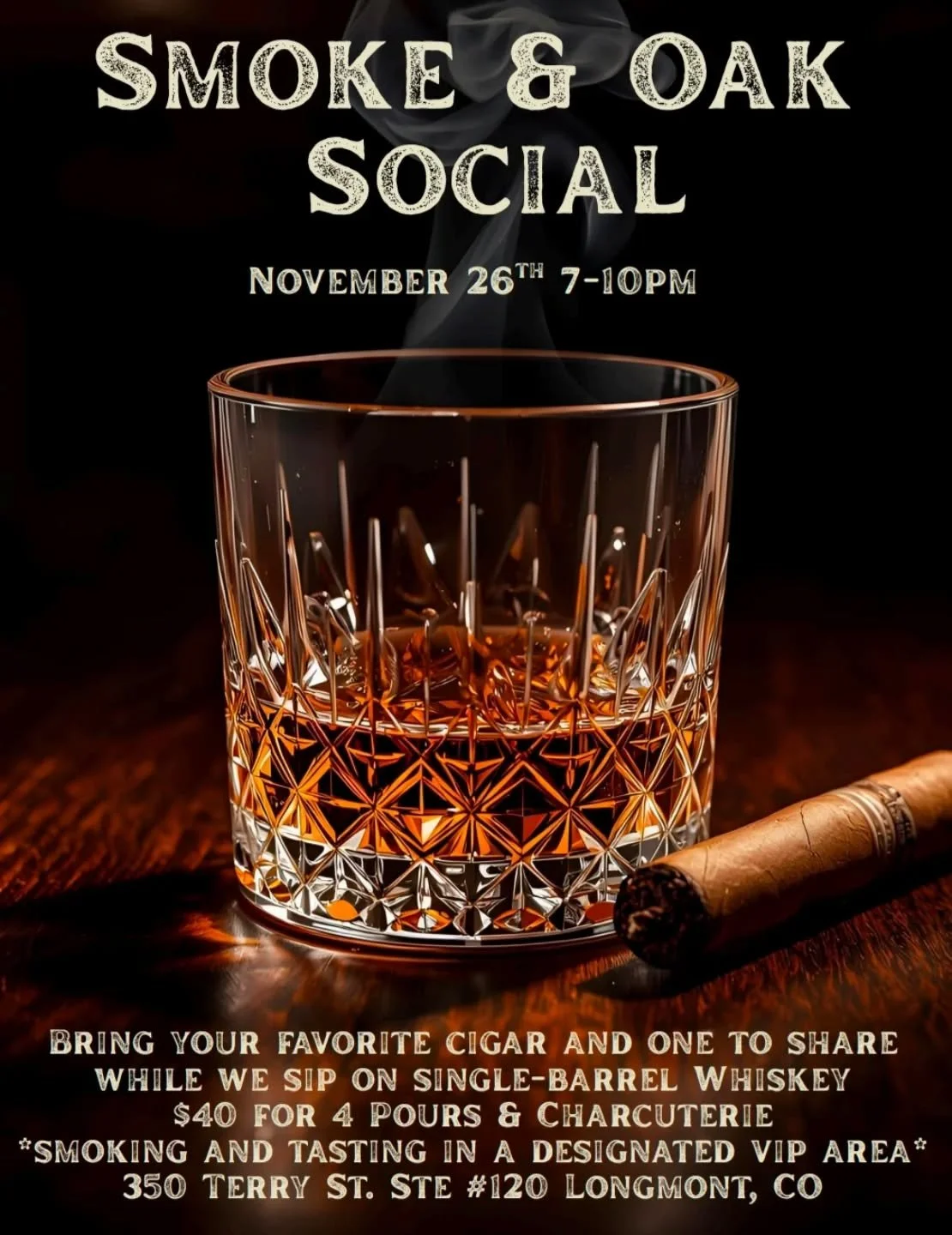We have amazing Single Barrels for the Smoke &amp; Oak Social on Wednesday! Bring a cigar and one to share. Feast on charcuterie and whiskey to pair. 

Not into cigars? Come enjoy the whiskey. The smoking will be in our VIP Lounge. Not the tasting ro
