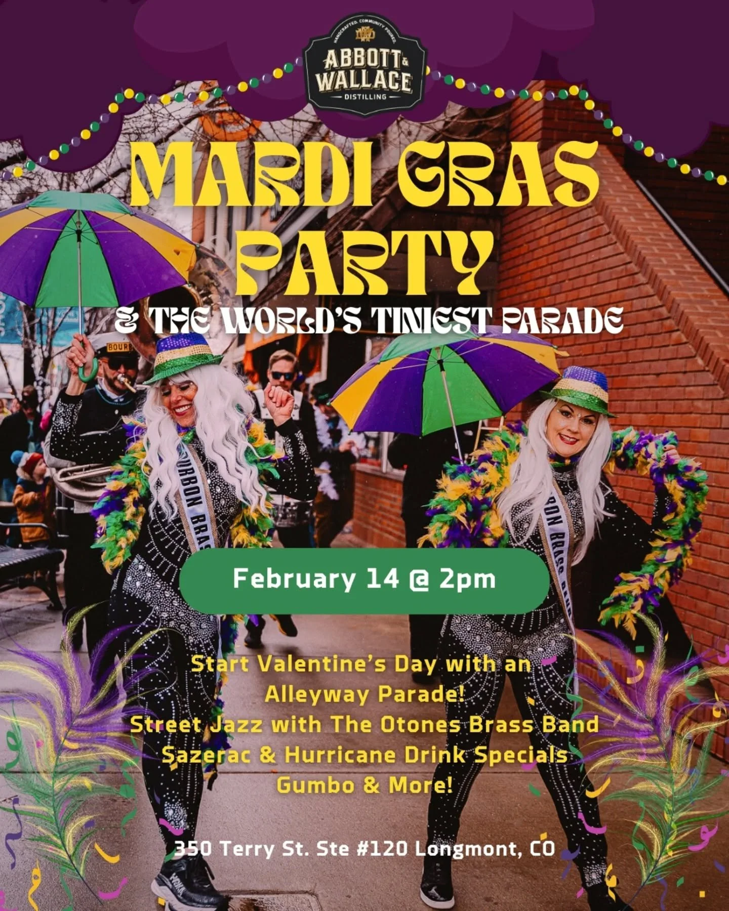 Mardi Gras and the World's Tiniest Parade is rolling down the Alleyway February 14th at 2pm. That's right, start Valentine's Day with a Fat Celebration!

Marching Band and Street Jazz with the Otone Brass Band.

Hurricane and Sazerac Drink Specials

