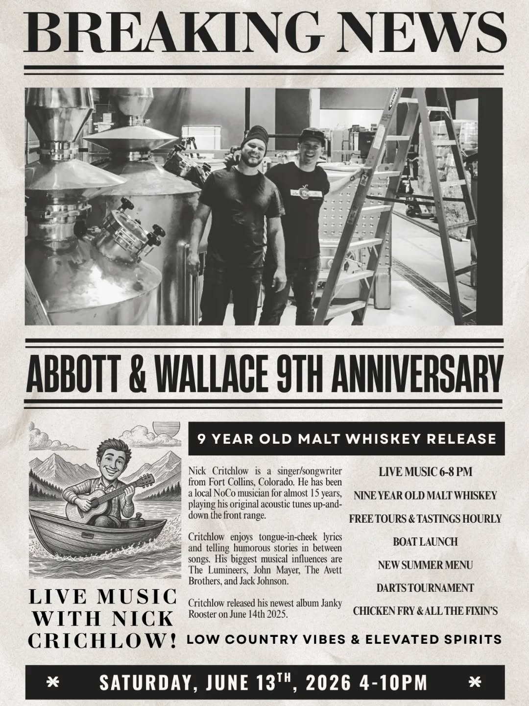 Our 9th Anniversary Party is June 13th, featuring a 9 Year Old Malt Whiskey Release and Live Music with @nickcritchlow !!!

It will be a festive Saturday full of fun activities, a chicken fry and fresh new cocktails!

A huge thanks to the community w