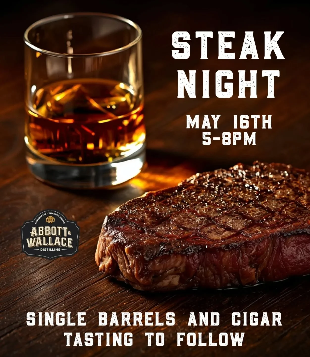 This month's Whiskey Tasting has moved to Saturday for Steak Night. Chase is rolling out the grill, and @jythespiritsguy is rolling out Bourbon Barrels. We'll also have smooth Jazz from Dan Buller to wash it all down. Saturday, May 16th, 4-8pm.