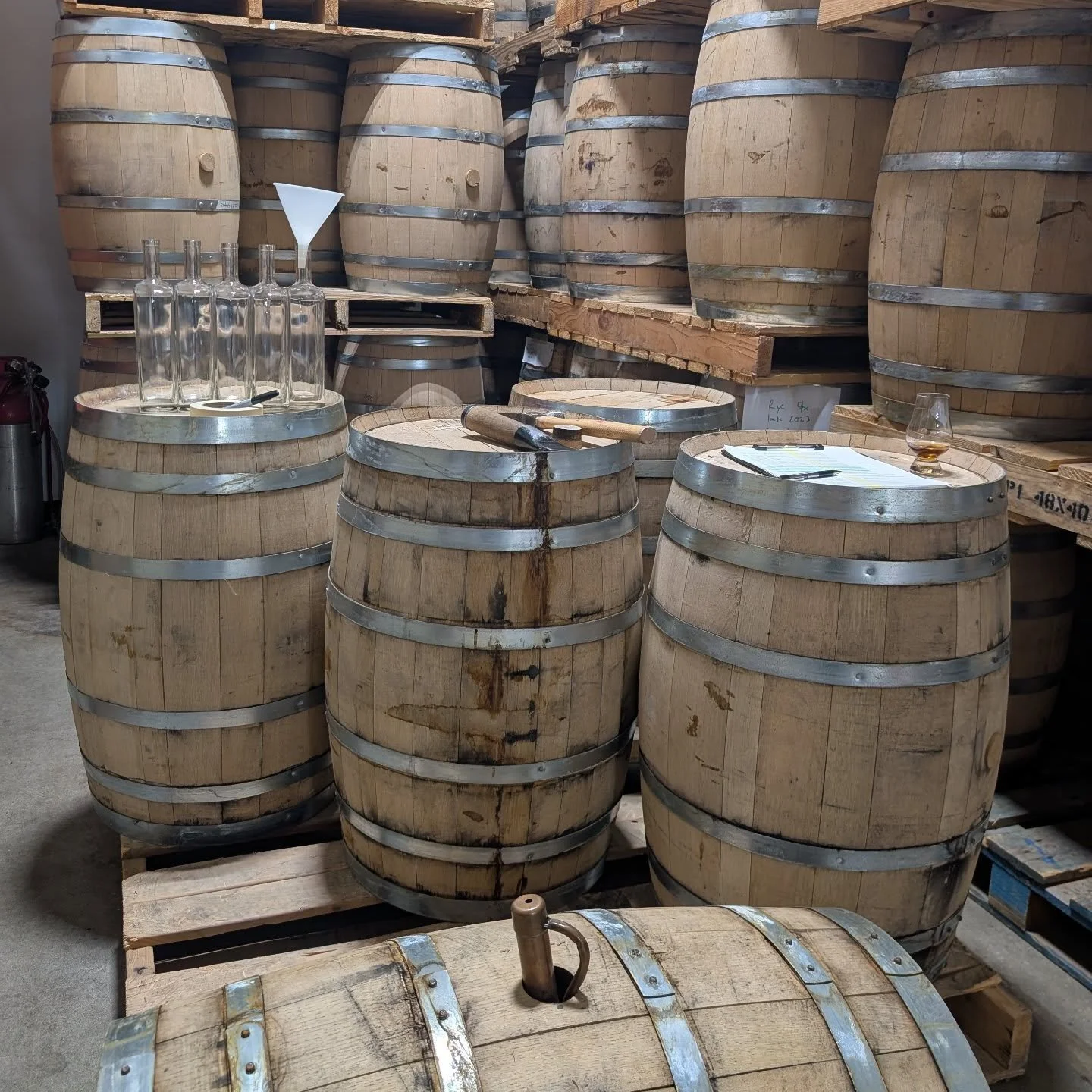 The office, today. Pulling barrel samples for Steak Night on Saturday! The Angel's Share is the booze we lose to evaporation, but sometimes we're little angels thieving barrels to share with you 😉😇🥃

#bourbon #barrels #whiskeytasting #steak #longm