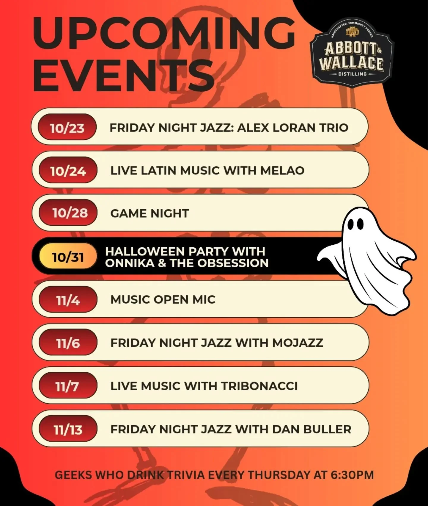 We're conjuring up killer music, spooktacular cocktails, and wicked vibes in the coming weeks. Longmont's favorite holiday awakens at Abbott &amp; Wallace!