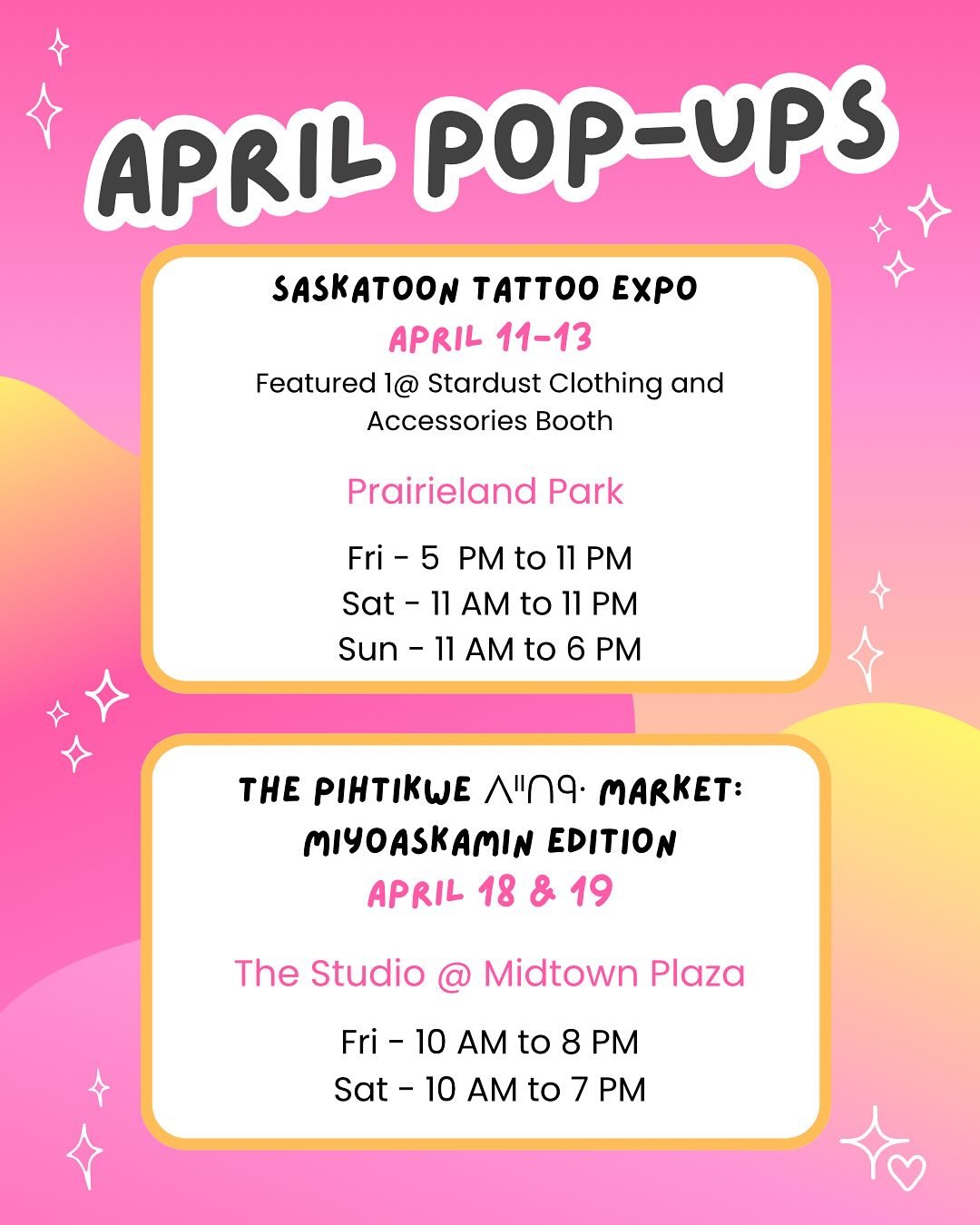 ✨💞 April Pop Ups
.
Stoon Tattoo Expo this weekend: If youre in the area make sure to drop by @stardust.clothing.accessories booth for our beadwork! 
.
Followed by @pihtikwemarket on the 18-19th at Midtown Plaza!