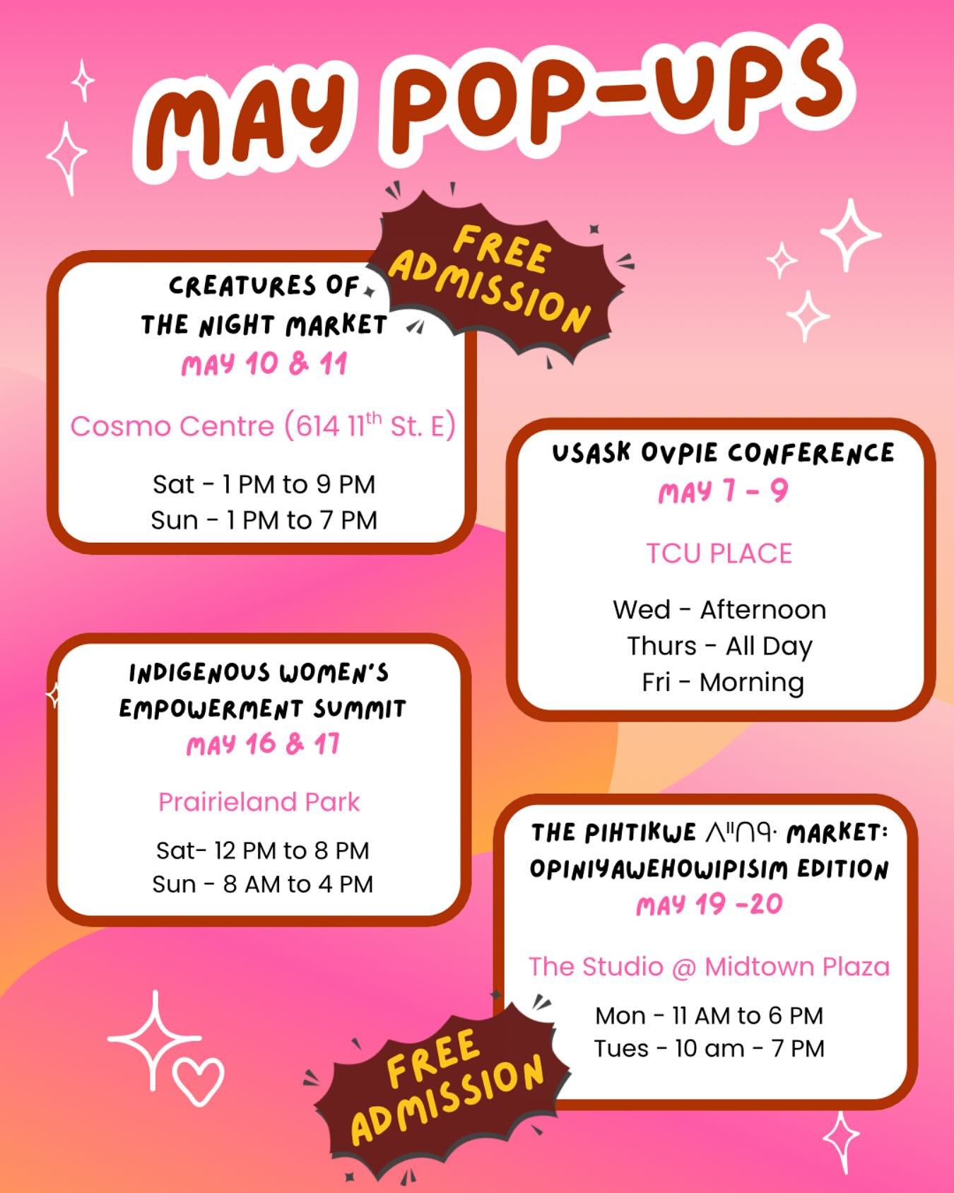 ✨🔥 MAY POP UPS!
.
Sooo soon! Mark your calendars, set your reminders, and also keep an eye out for ✨workshop announcements✨ hopefully very soon!
.
@creaturesofthenight.yxe @pihtikwemarket