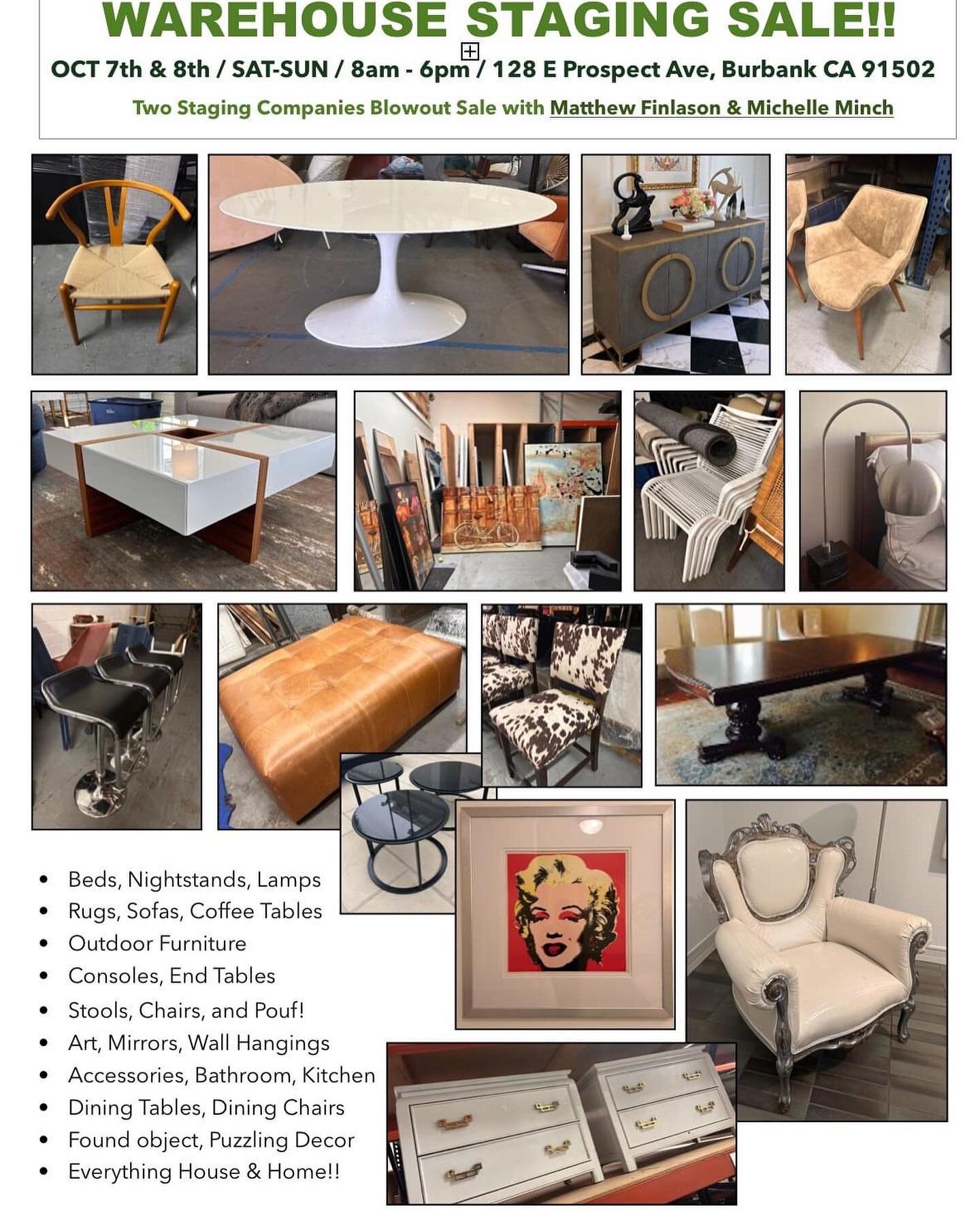 Staging Warehouse Sale!  Get it while you can! 

Oct 7 &amp; 8, Sat and Sun 8a-6p

Blowout sale from 2 stagers, @matthewfinlasondesign and @homestagingpro 

See u there!
#furnituresale #stagingsale #warehousesale #designer #interiordecor