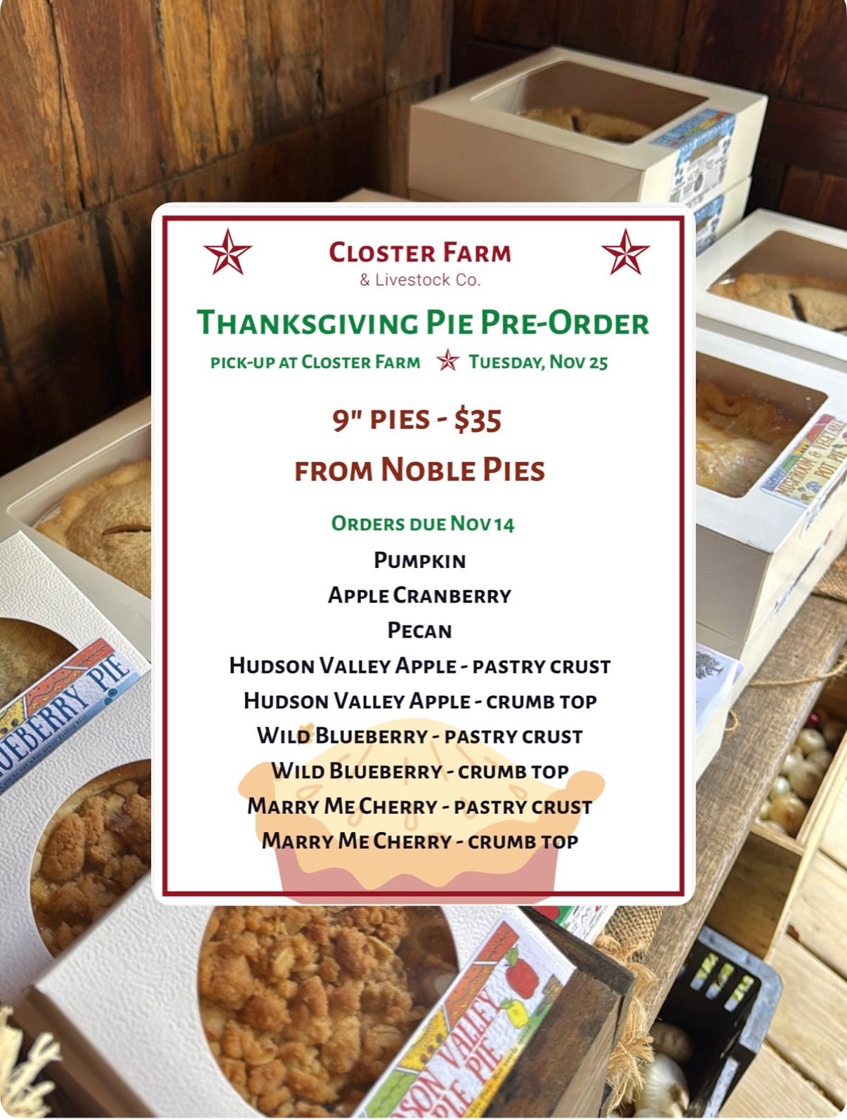 Thanksgiving is just two weeks away, and many of us are getting our plans in order. If you&rsquo;re looking to have one less thing to make or bake, you can pre-order your Thanksgiving pies with us! Pre-orders close this Friday, November 14.

Our pies