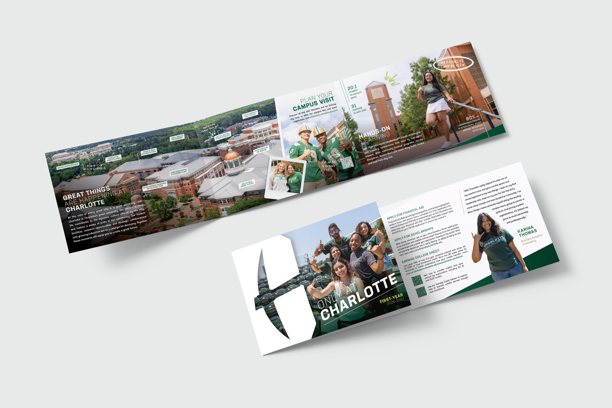 UNC Charlotte's First-Year Brochure, created for the annual recruitment campaign. More than 35,000 copies are ordered and distributed each year.