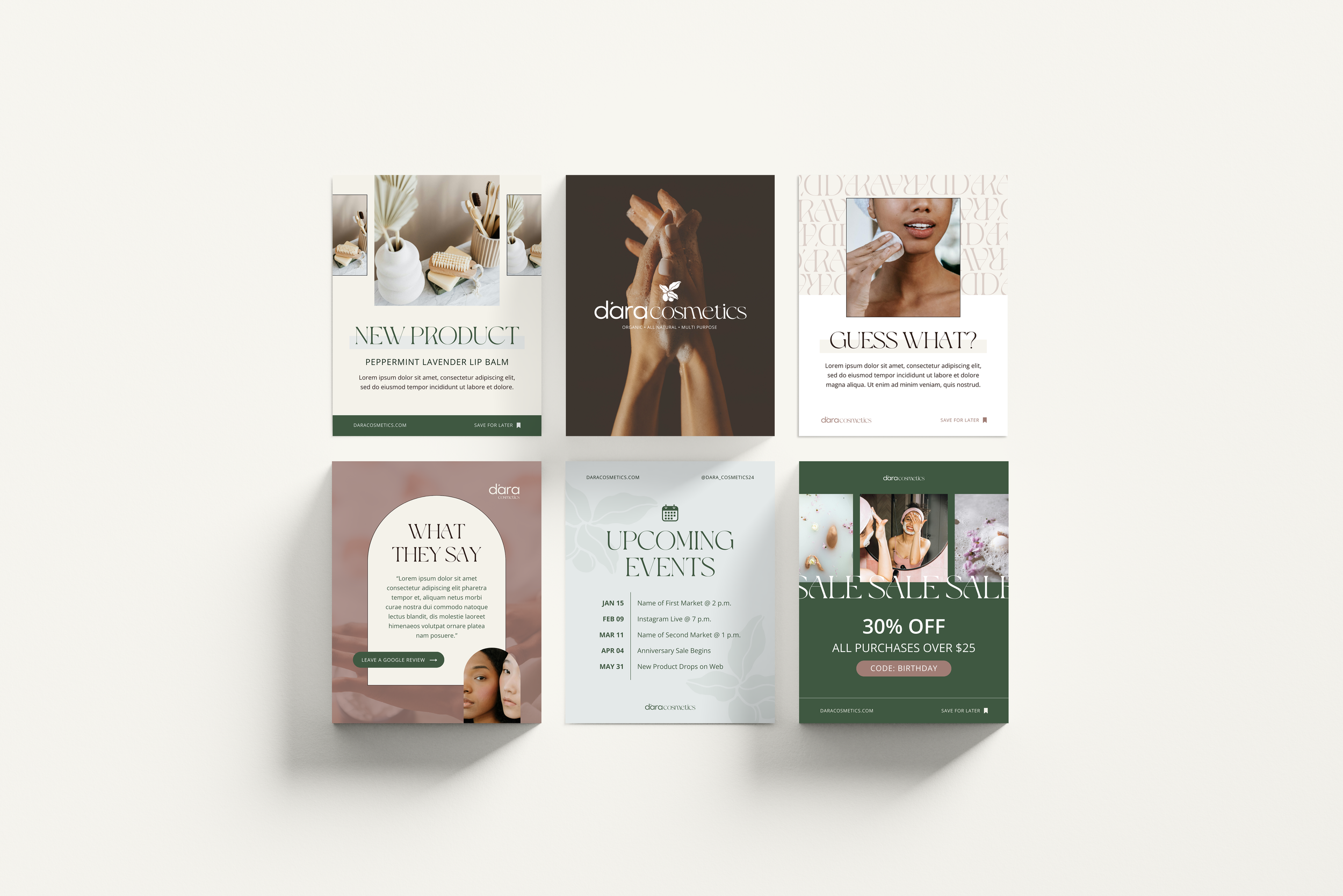 Social media templates designed for D'ara Cosmetics, a Charlotte-based hair and skincare brand.