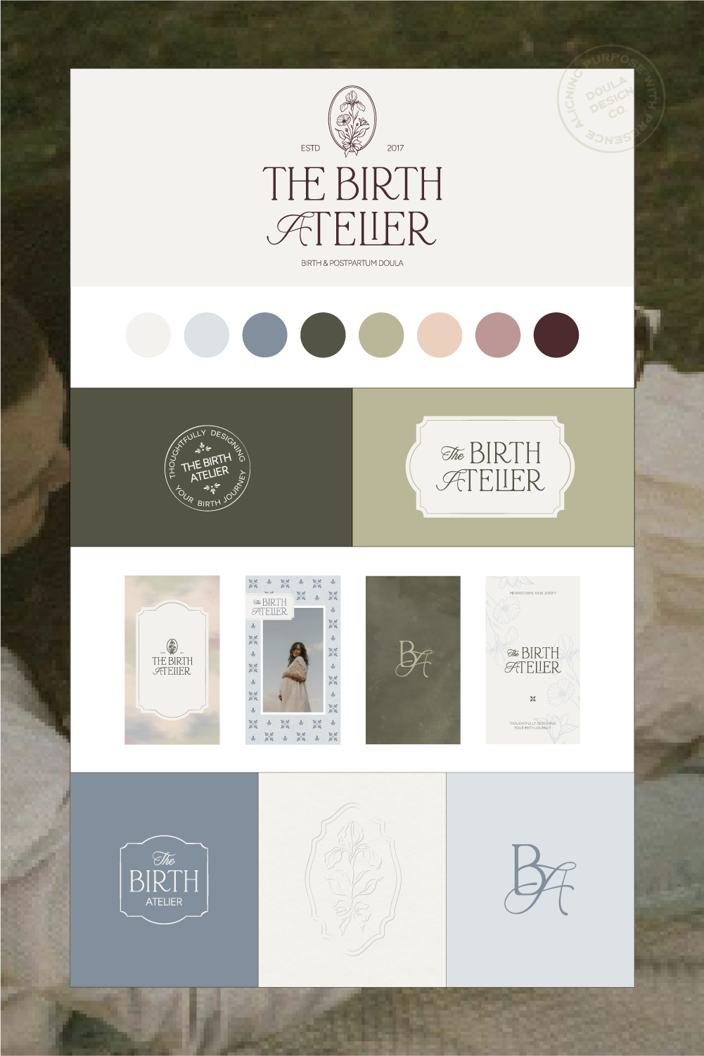 Brand design for a birth and postpartum doula business. Work completed through my role as a designer with Doula Design Co. for a client of the business.