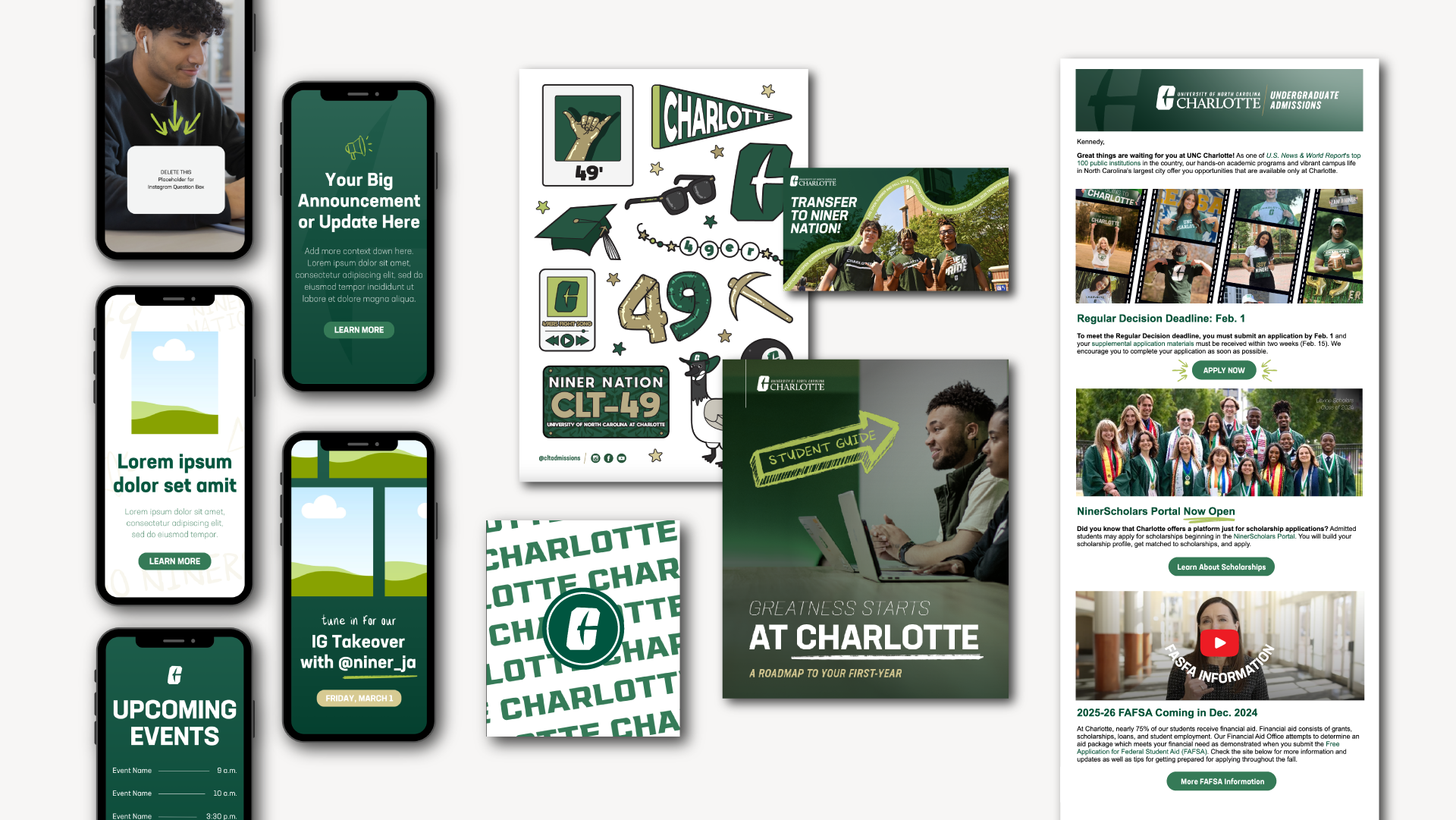 Mockups designed for a visual strategy pitch for UNC Charlotte's annual recruitment campaign.