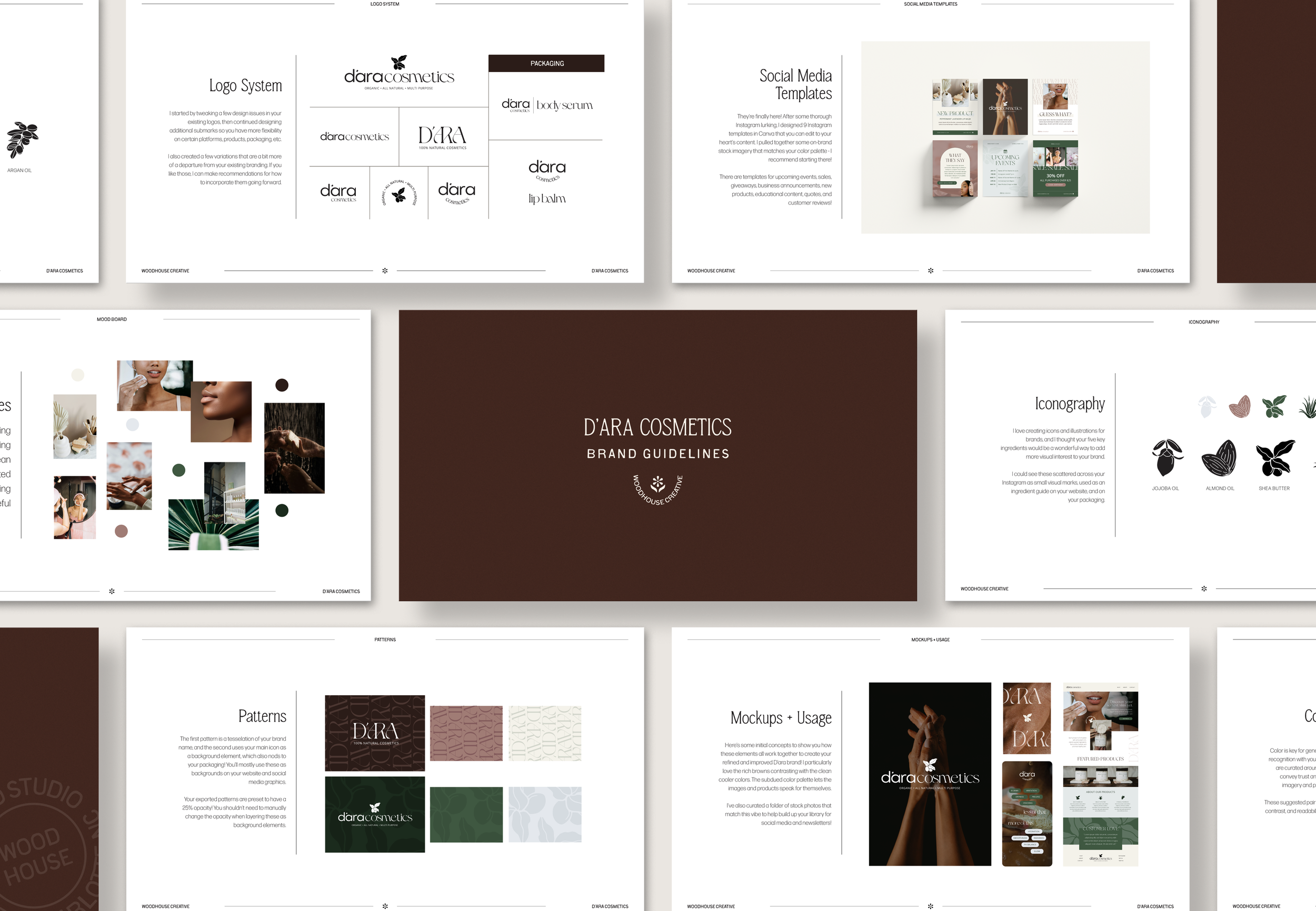 Brand guidelines created for D'ara Cosmetics, a Charlotte-based hair and skincare brand.