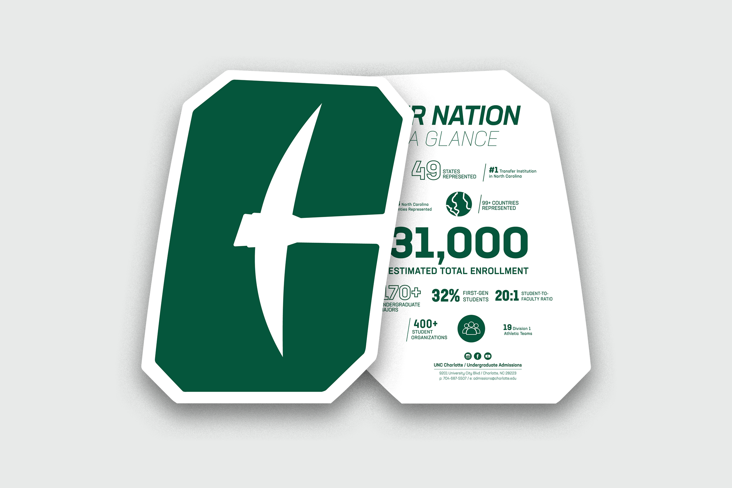 Die-cut UNC Charlotte infographic, created for the annual recruitment campaign.