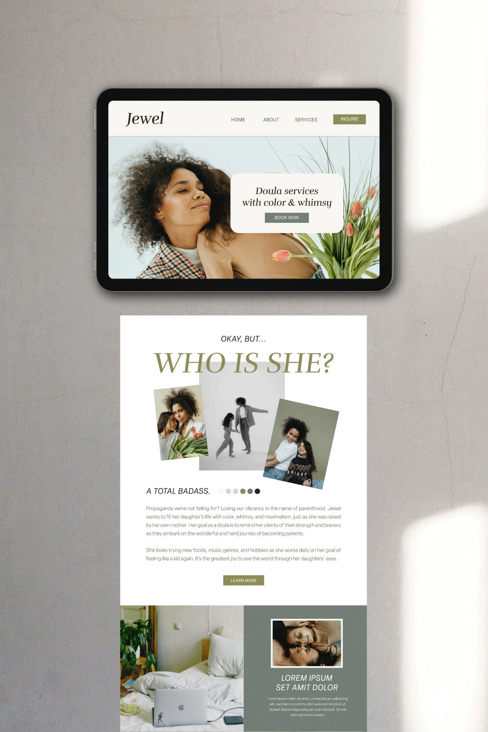 Original design concepts and persona building for future website templates for doula businesses to purchase and customize. Work completed through my role as a designer with Doula Design Co. for a client of the business. 