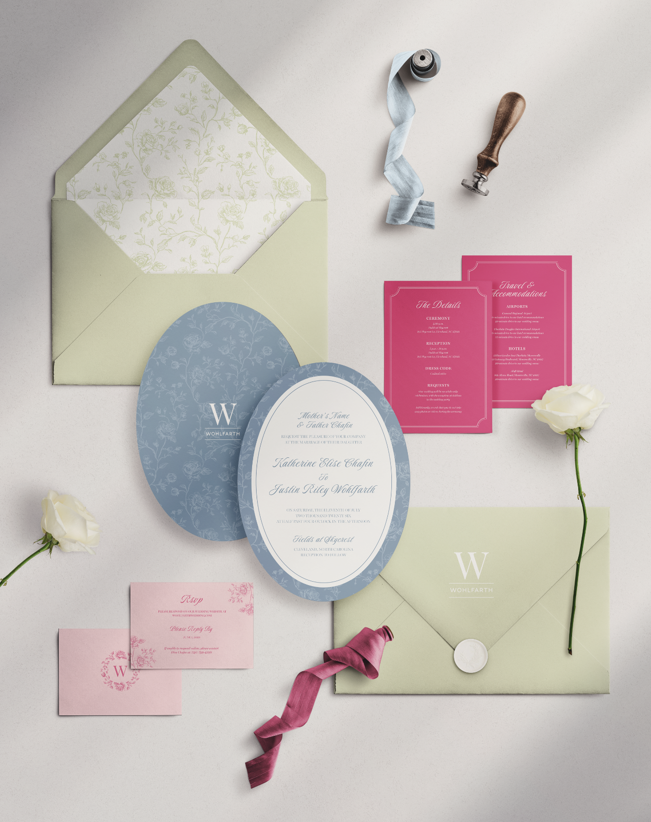 Wedding invitation suite for a colleague and friend.