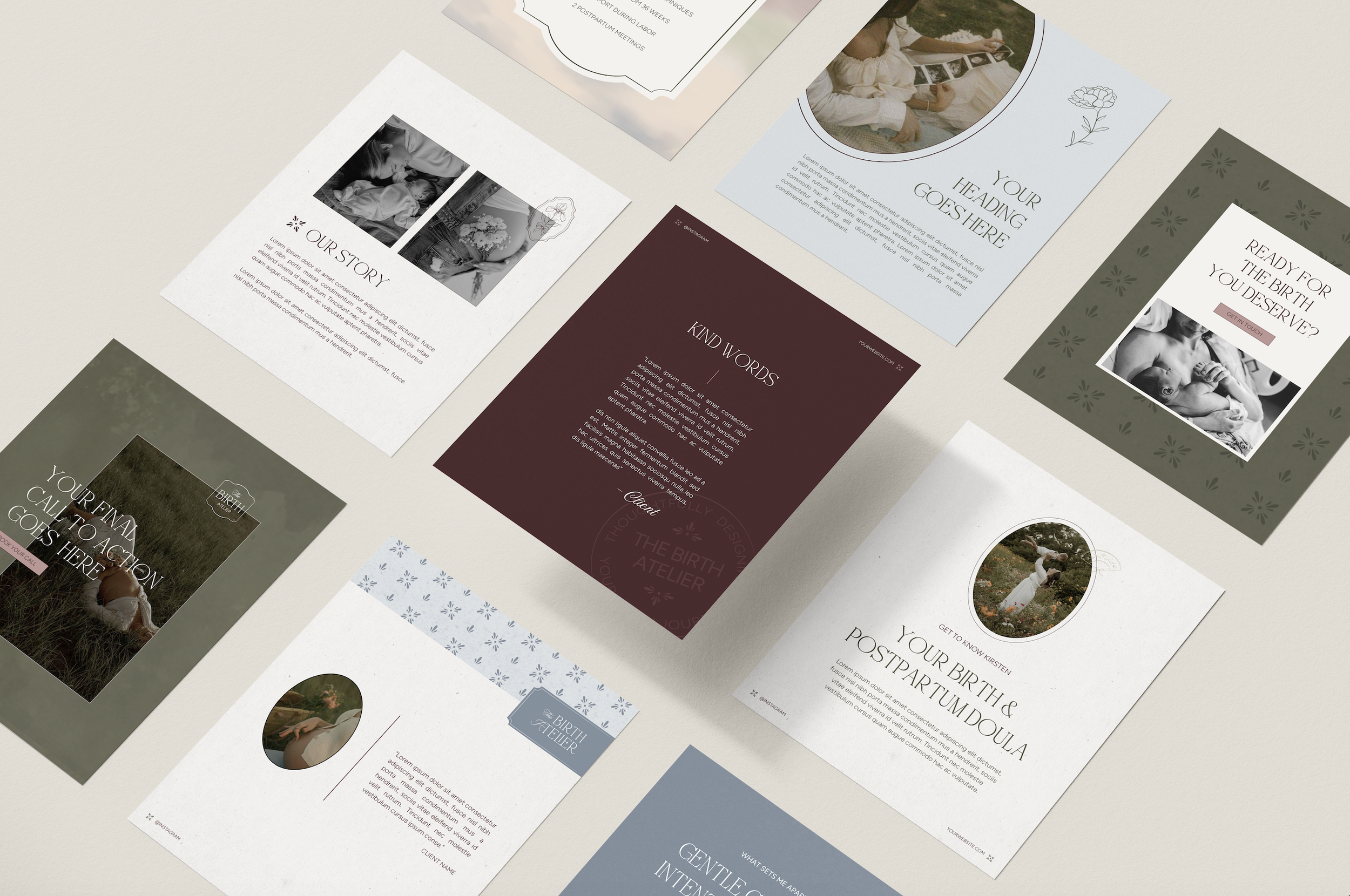 Instagram template options for a birth & postpartum doula business. Work completed through my role as a designer with Doula Design Co. for a client of the business.