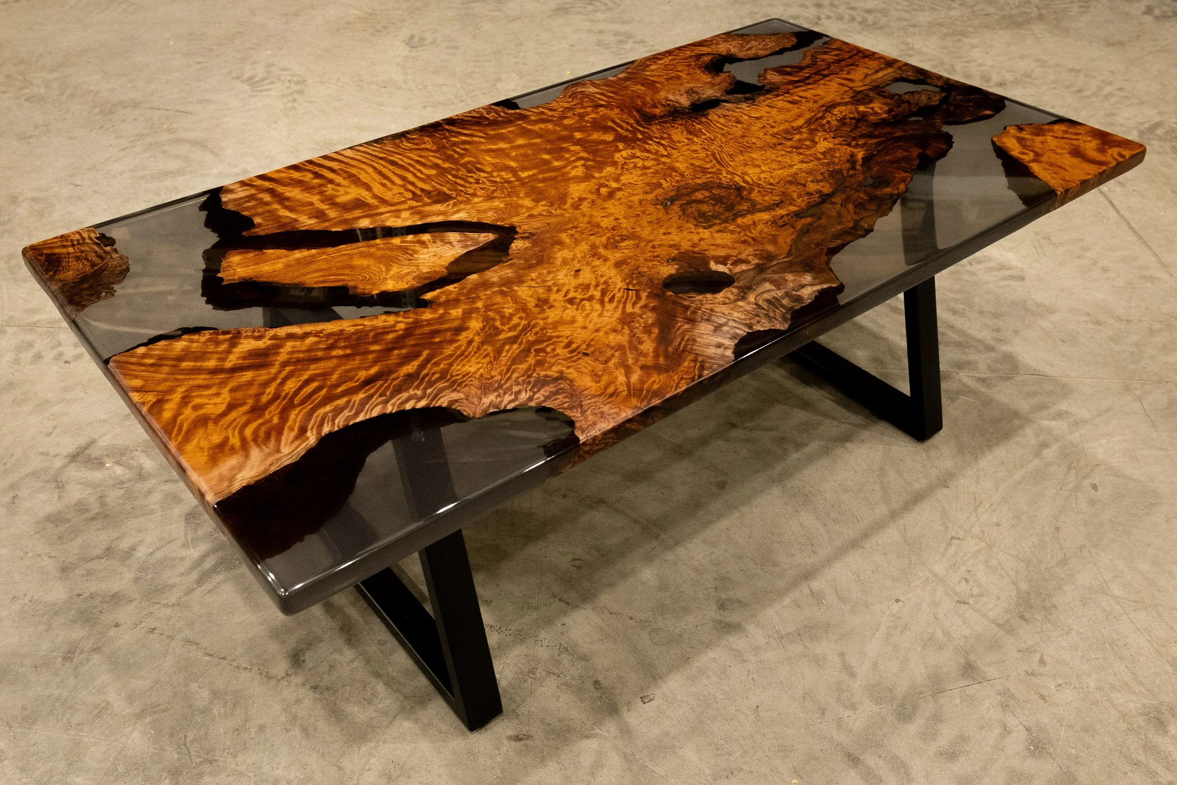 old growth redwood burl custom epoxy table with custom fabricated legs