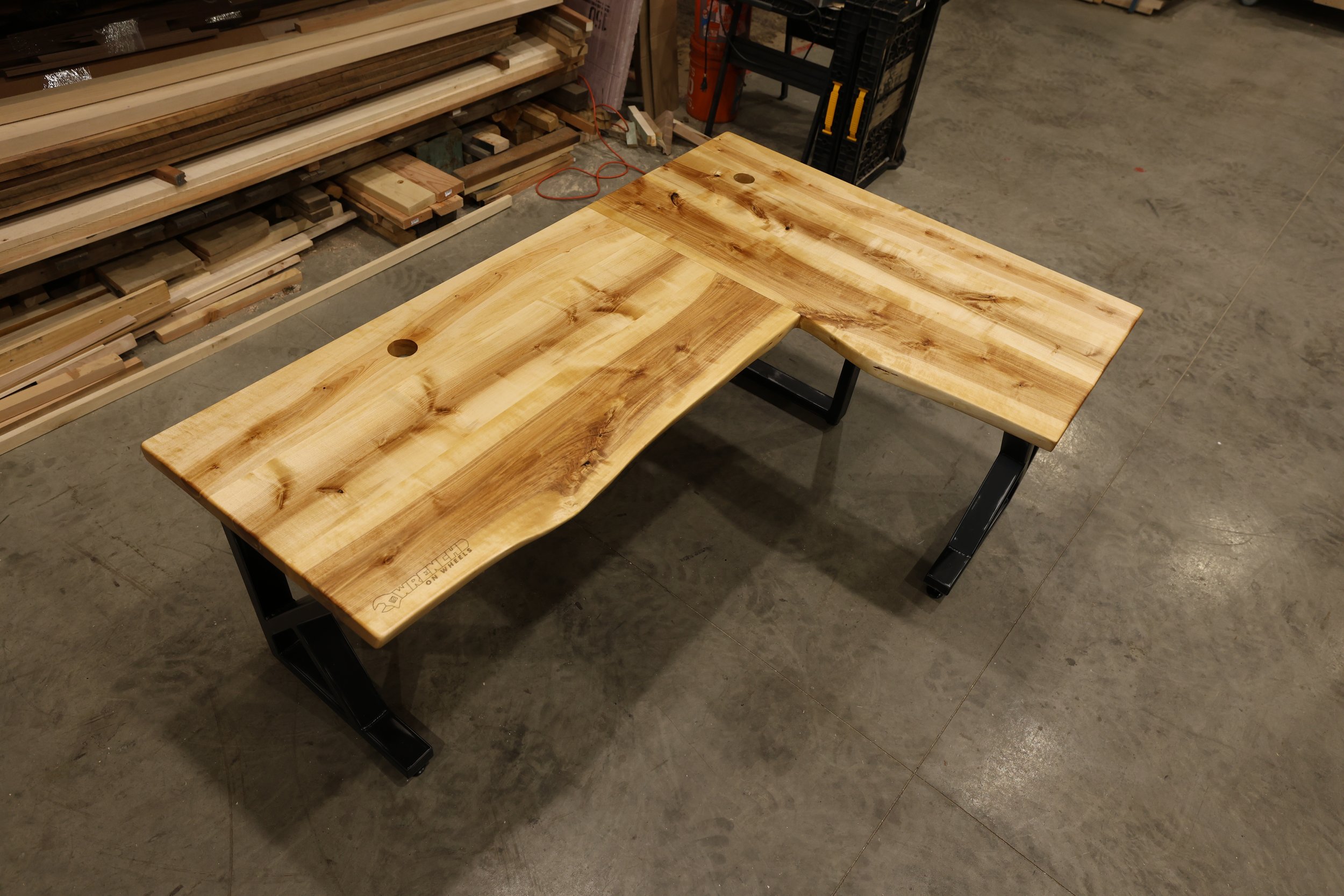 Alaskan birch live edge L desk with custom frame