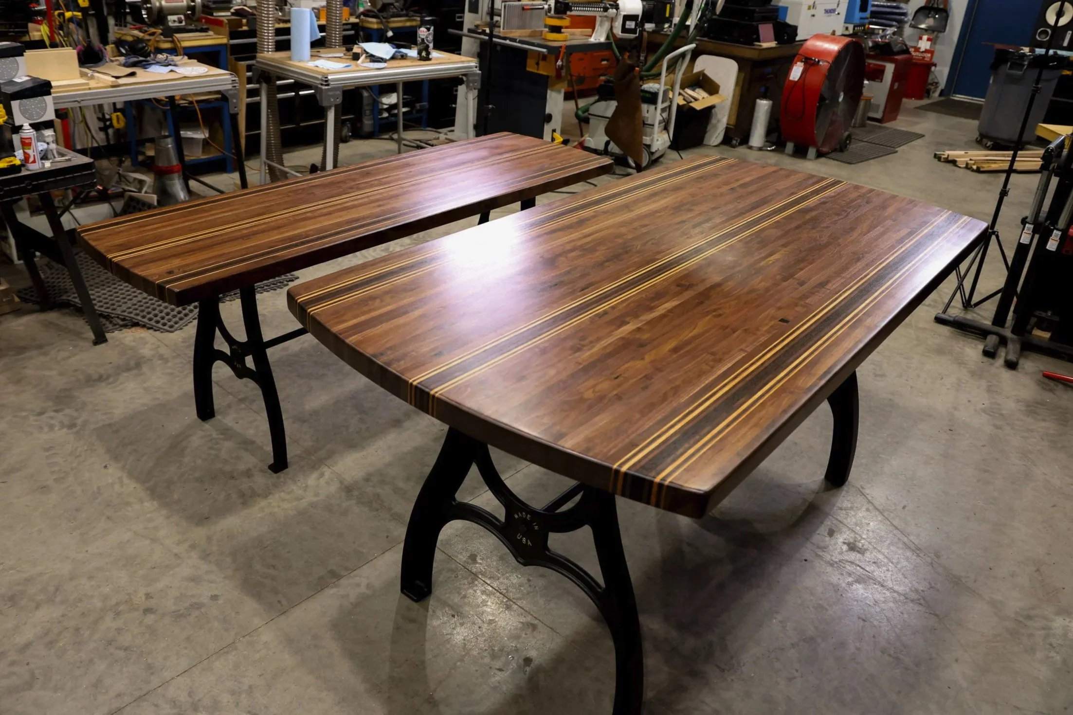 Artistic style rustic walnut butcher block tables with cast vintage legs custom