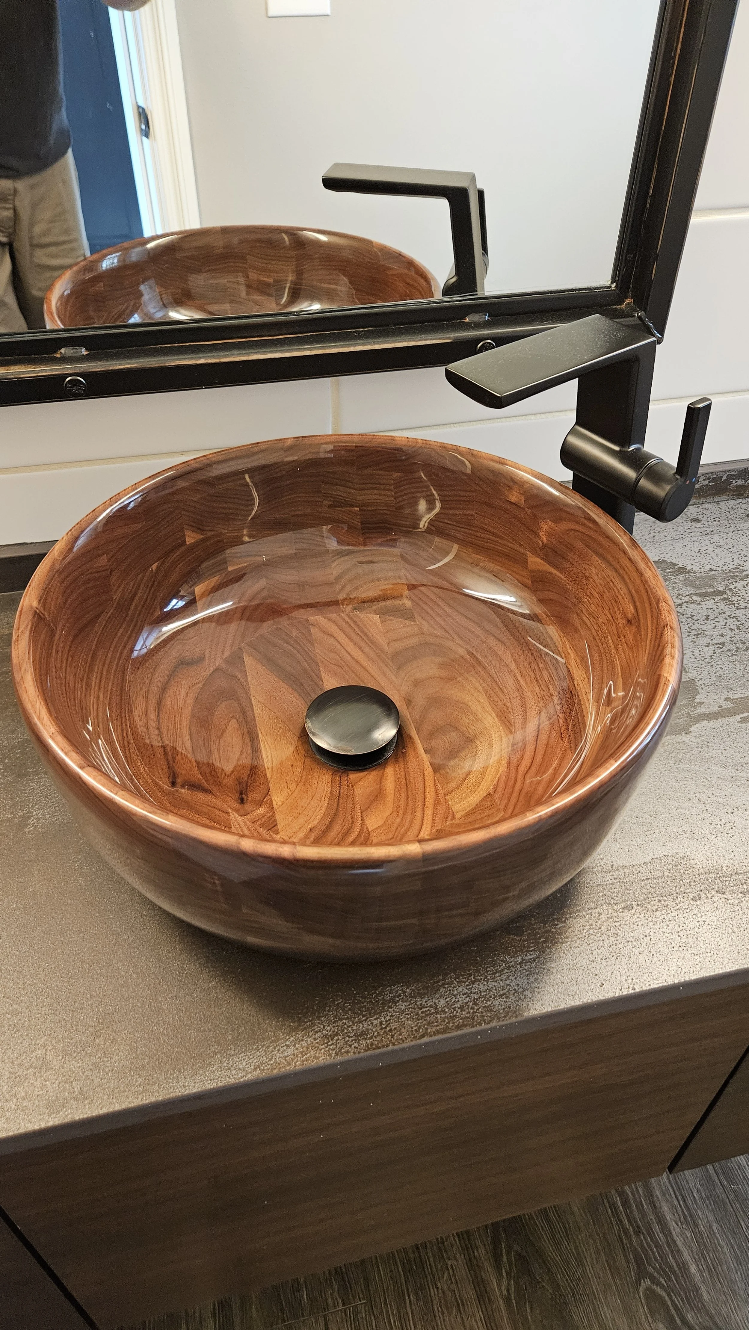 Custom Walnut sink with epoxy woodturning