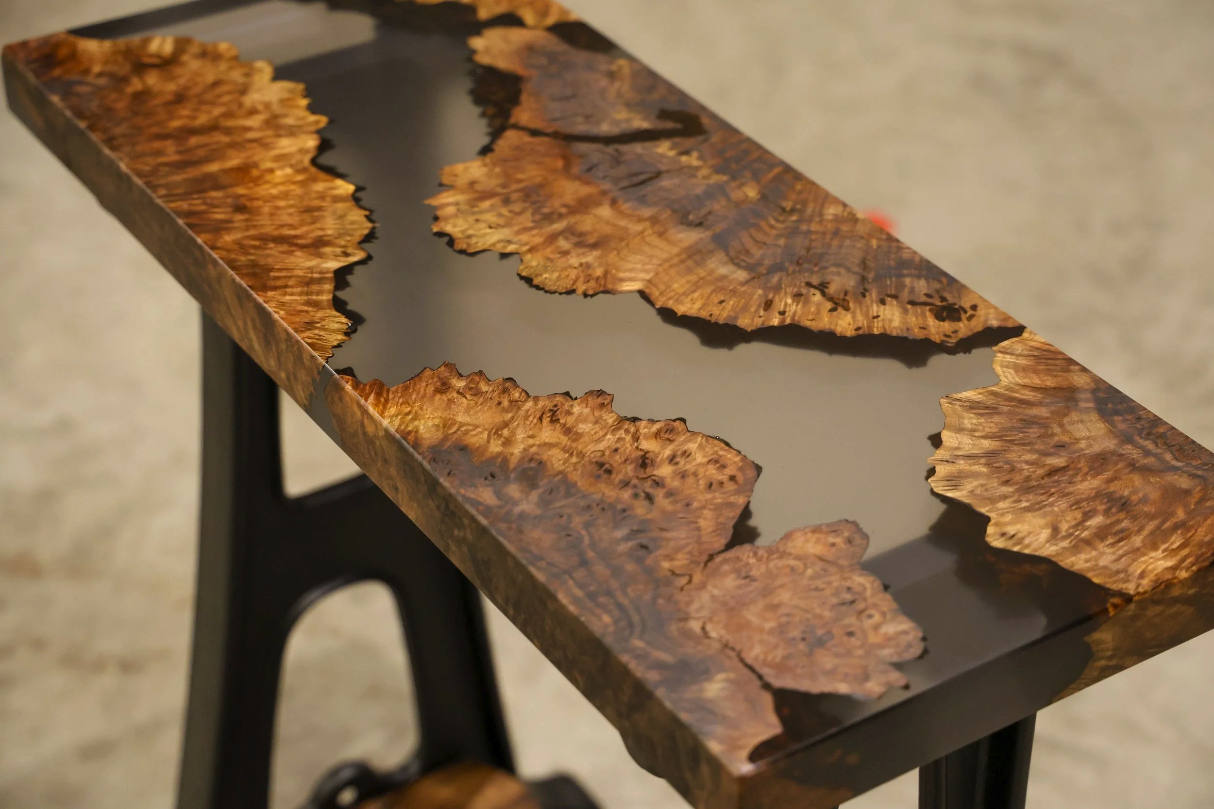 Walnut burl epoxy table vintage industrial