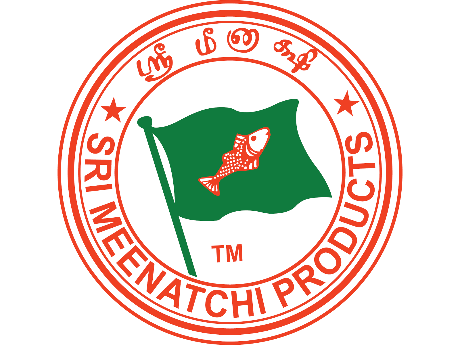 Logo of Sri Meenatchi Products featuring a fish on a green flag, surrounded by red circular text and Tamil script, with a TM symbol and stars.